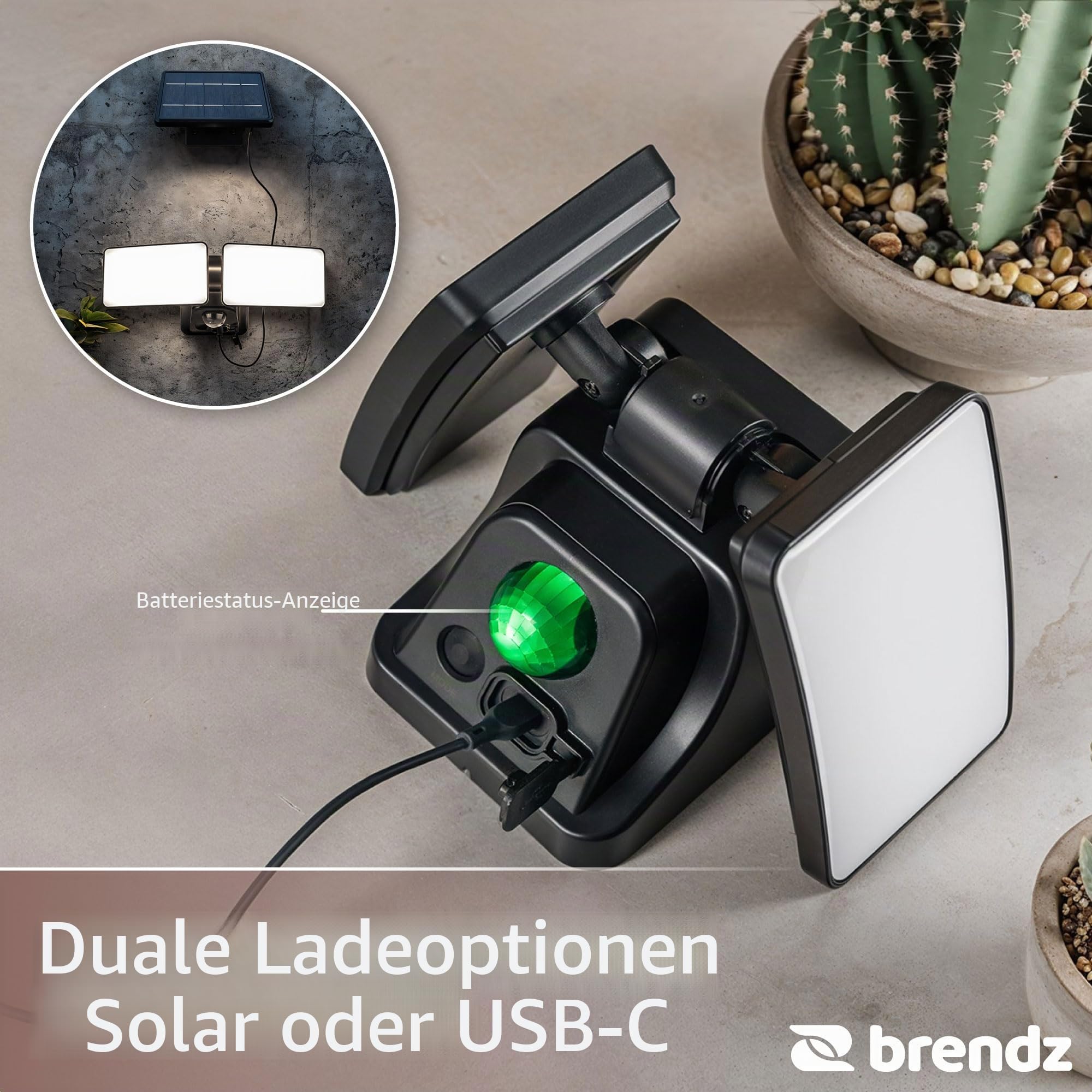 Brendz LED Strahler mit Bewegungsmelder, 600 Lumen, IP44 Wasserdicht, Einstellbare Leuchtdauer, Solar Wandleuchte Außen, LED Fluter mit Sensor, Skye, Scheinwerfer