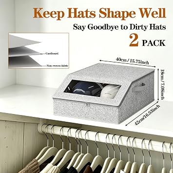 2PCS Hat Organizer for Baseball Caps, Stackable Storage with Clear Window Lid, Flip-Top Access, Space-Saving Hat Box for Closet, Breathable Fabric