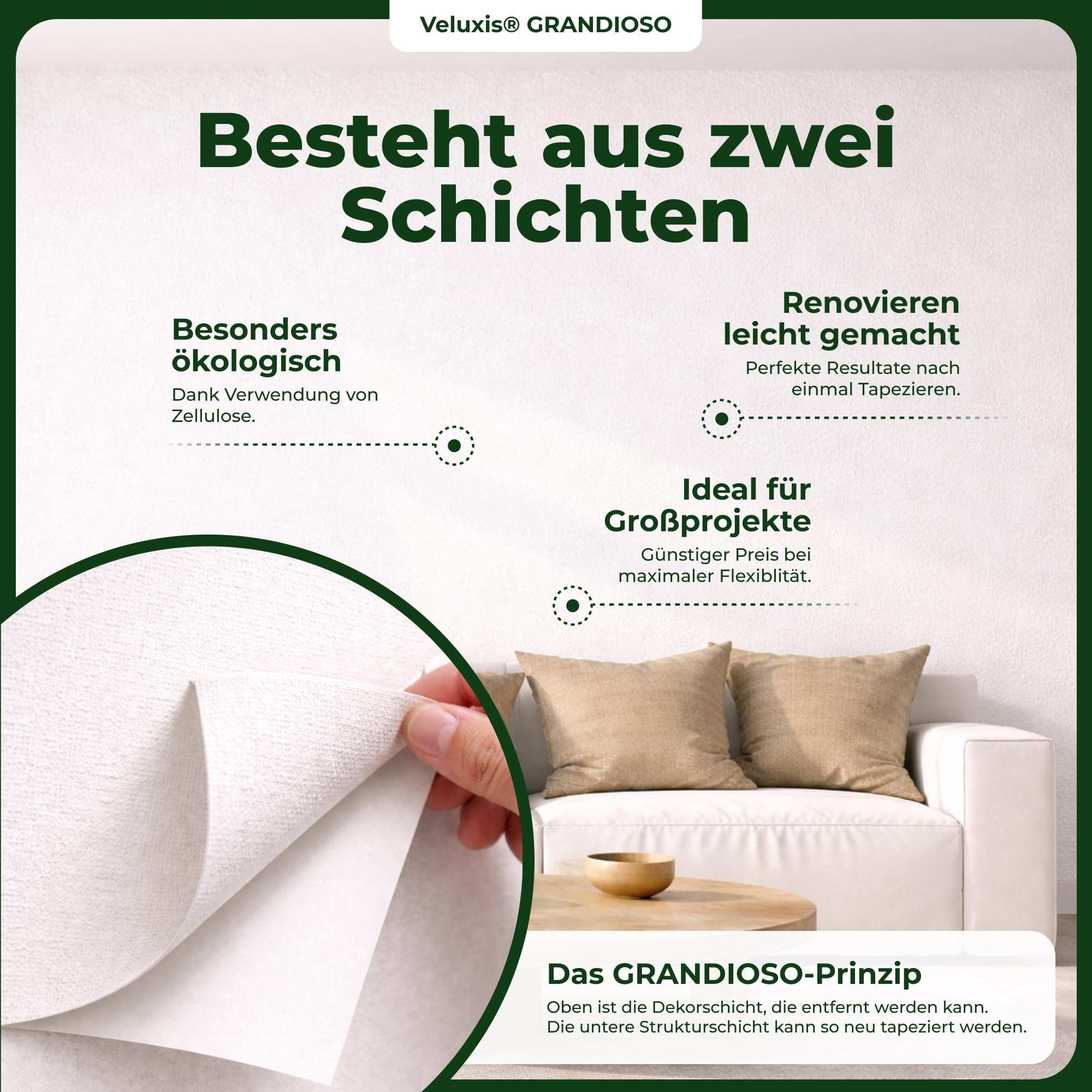 Raufasertapete Papiertapete – GRANDIOSO Strukturtapete Raufaserstruktur, XXL 15,00 m x 0,53 m, überstreichbar, atmungsaktiv, Made in Germany