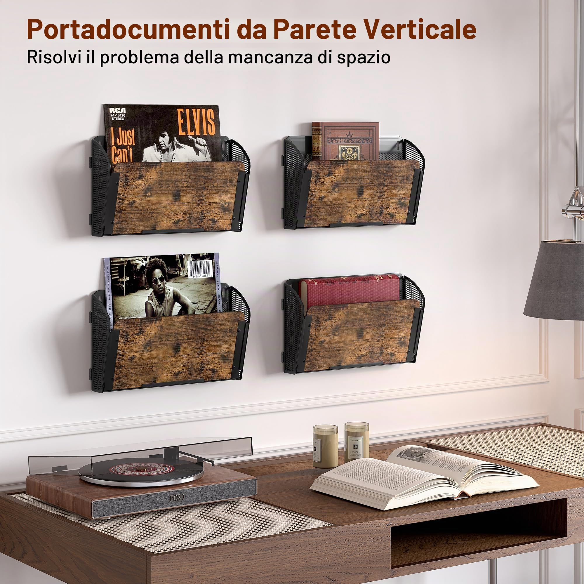 TQVAI Organizer Documenti Parete, 4 Tasche Metallo Legno Portariviste Parete Scaffale per Documenti A4 Organizzatore Scrivania Ufficio Casa, Antico/Nero