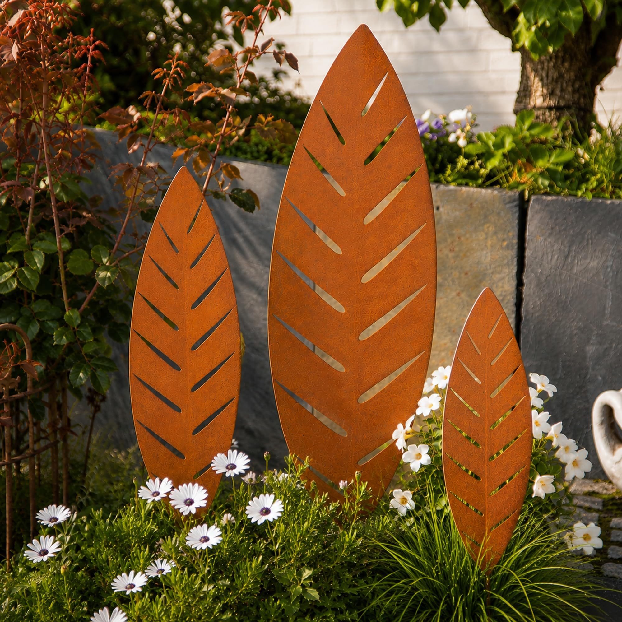 UNUS Set di 3 decorazioni da giardino con foglia di palma, effetto ruggine, foglie decorative in metallo arrugginito, per giardino, balcone, terrazza o vaso di fiori, resistente alle intemperie