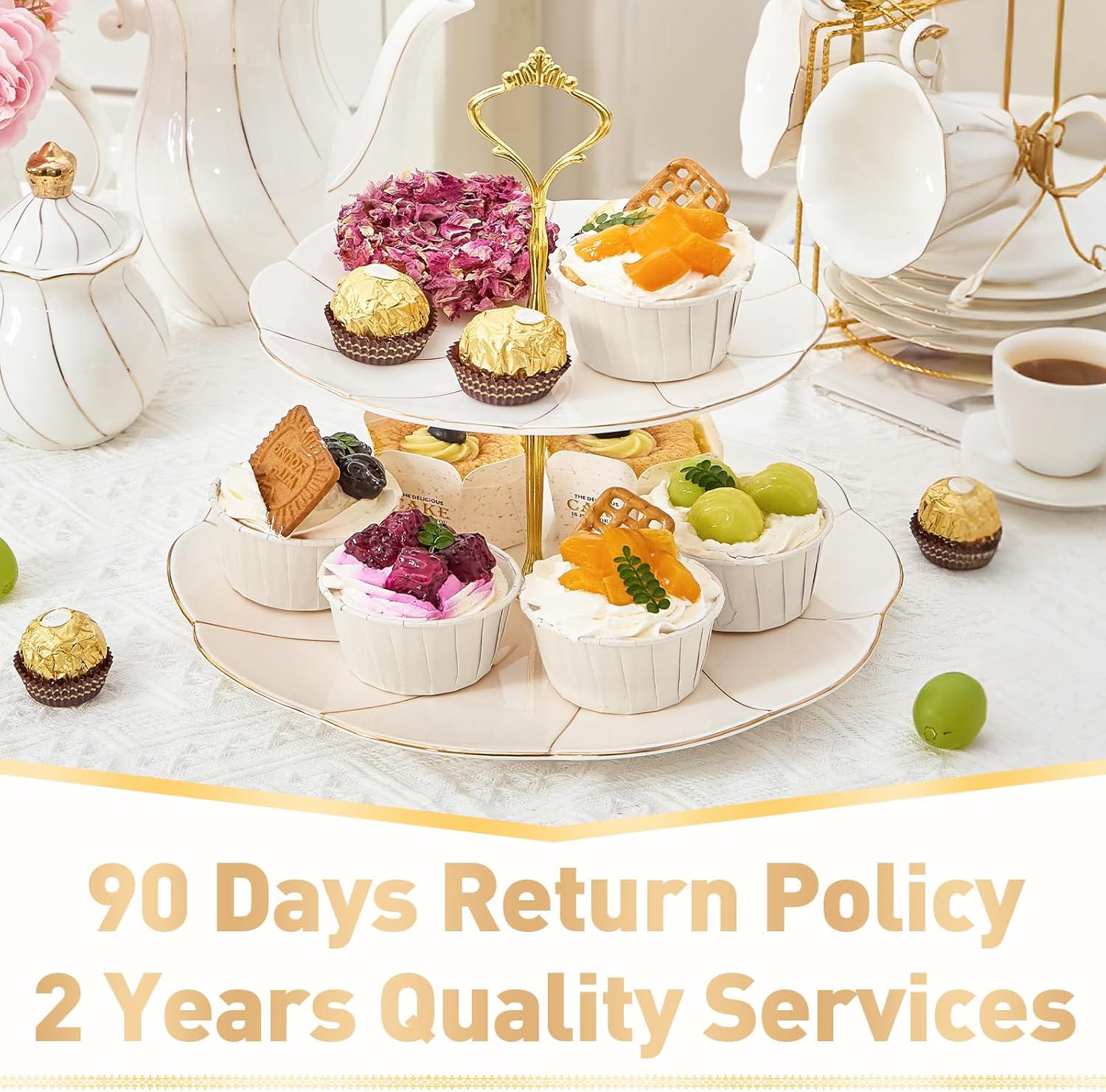 DUJUST Luxury Larger 2-Tier Cupcake Stand Tower, British Style Porcelain Serving Tray with Golden Trim, Food Grade Dessert Display Stand for Tea Party & Home Décor - 40% Larger Plates