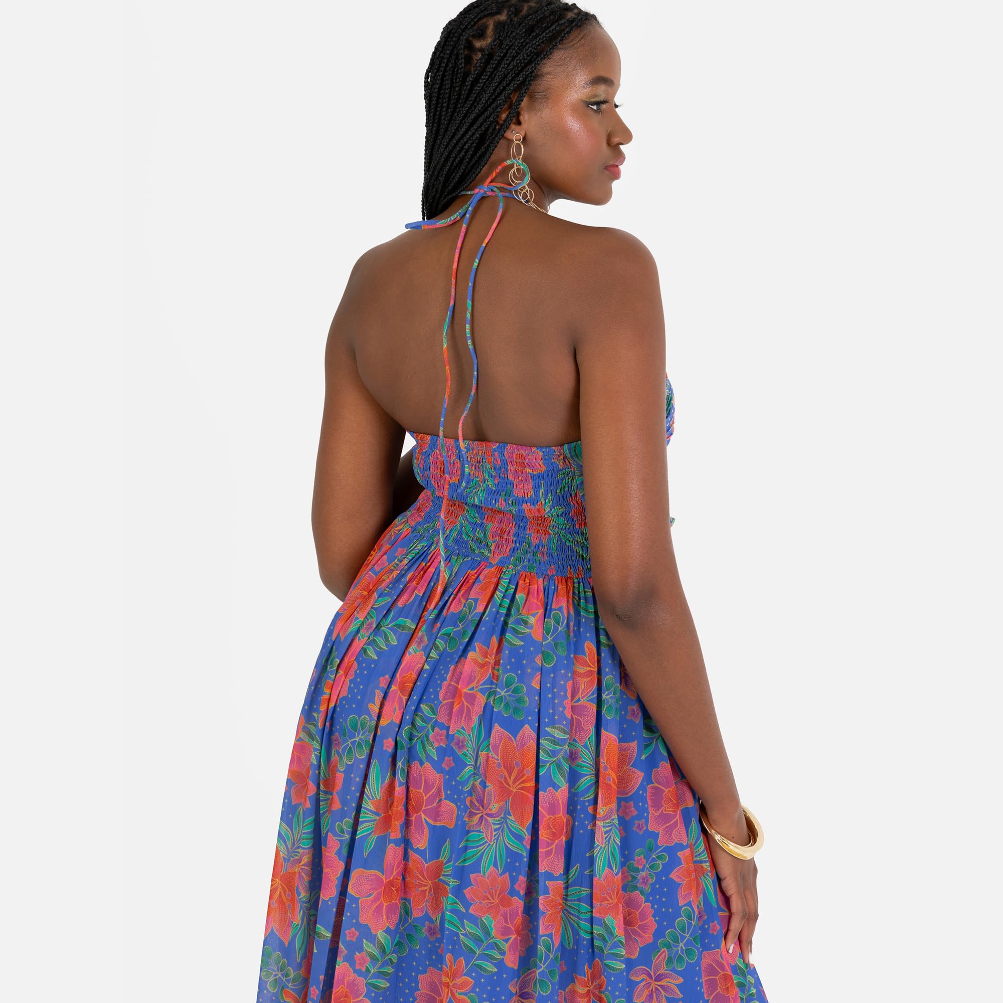 Anaya with Love Midaxi-Vestito a Maniche Corte, con Stampa Floreale, con Paillettes e Orlo, Blu Cobalto, 54 Donna