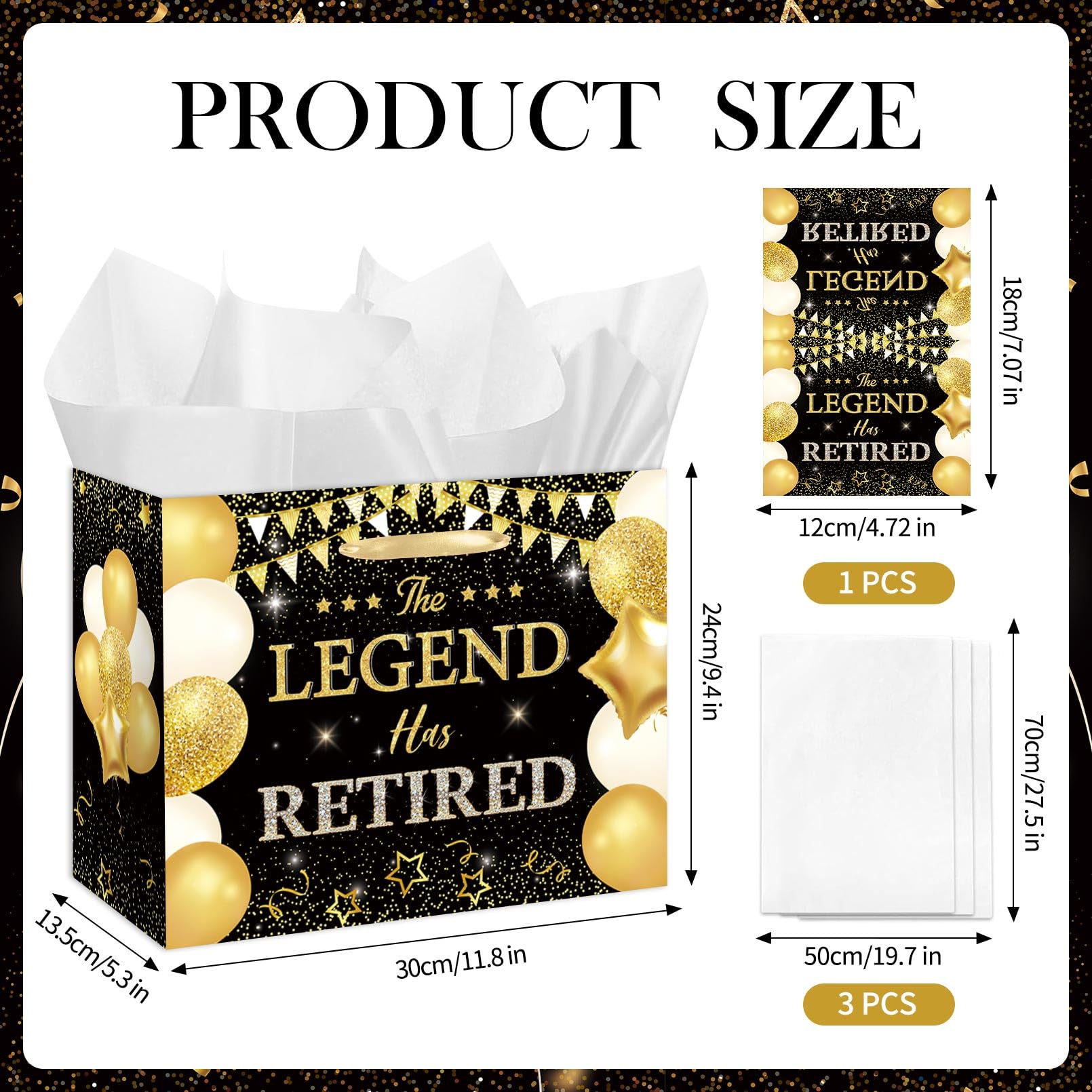 HSKMAKE Black Gold Retirement Gift Bag The Legend Has Retired Large Gift Bag with Greeting Card Gold Tissue Paper for Women Men Coworker Farewell Going Away Party Favors Decorations Supplies