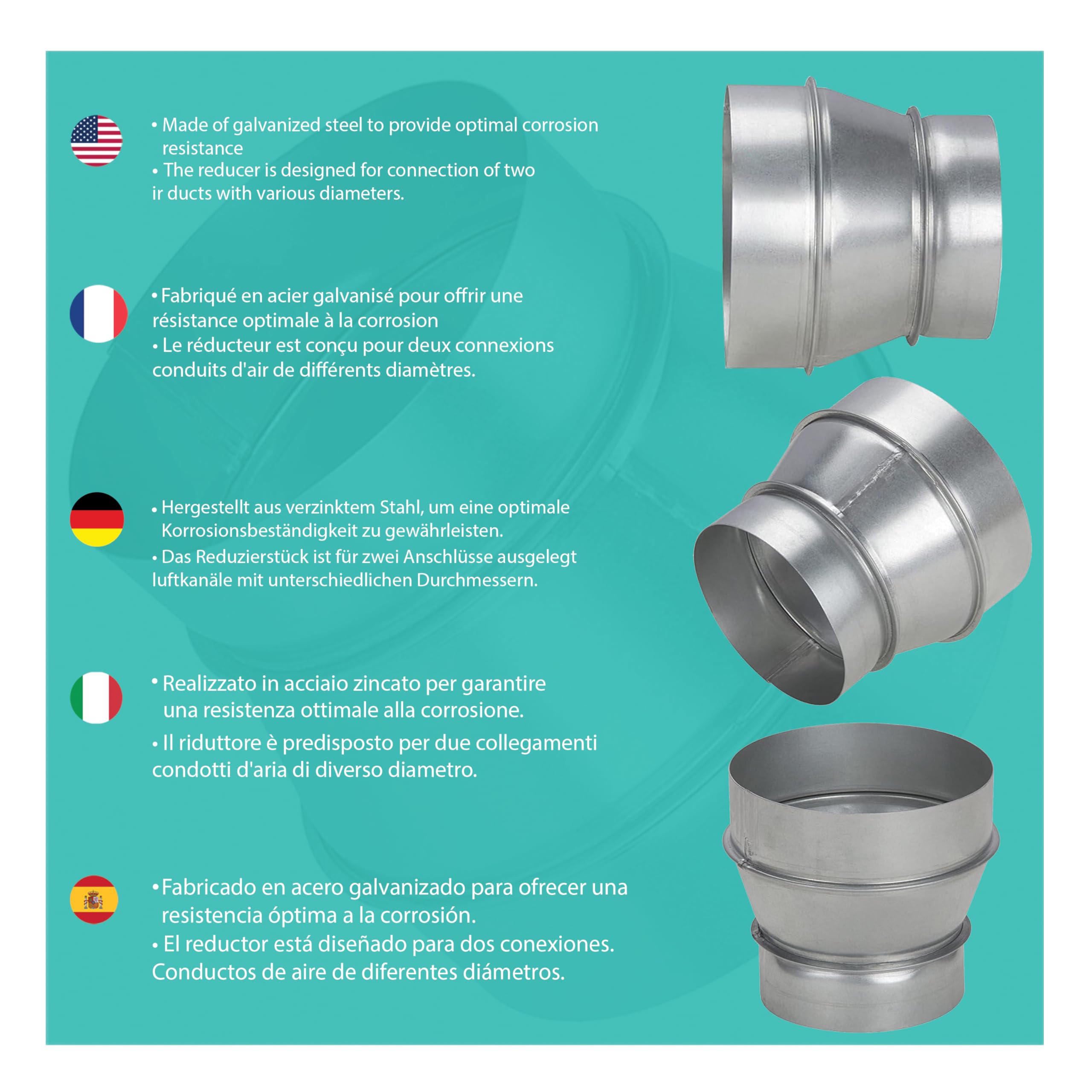 RA-125/160 mm Réducteur de Conduit en Acier Galvanisé,Résistant à la Corrosion,Idéal pour Ventilation,Chauffage,Drainage,Evacuation,Climatisation.Performances Durables.Large Gamme de Dimensions
