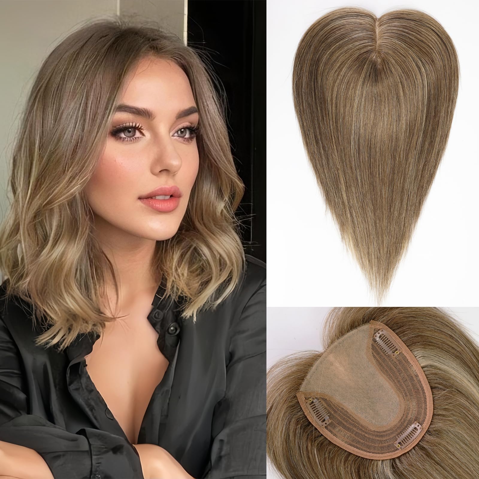 Starluck Real Human Hair Toppers for Women - 14 inch, Light Brown, No Bangs, 5"*5.5" Base, Covers Thinning Hair & Grey Hair