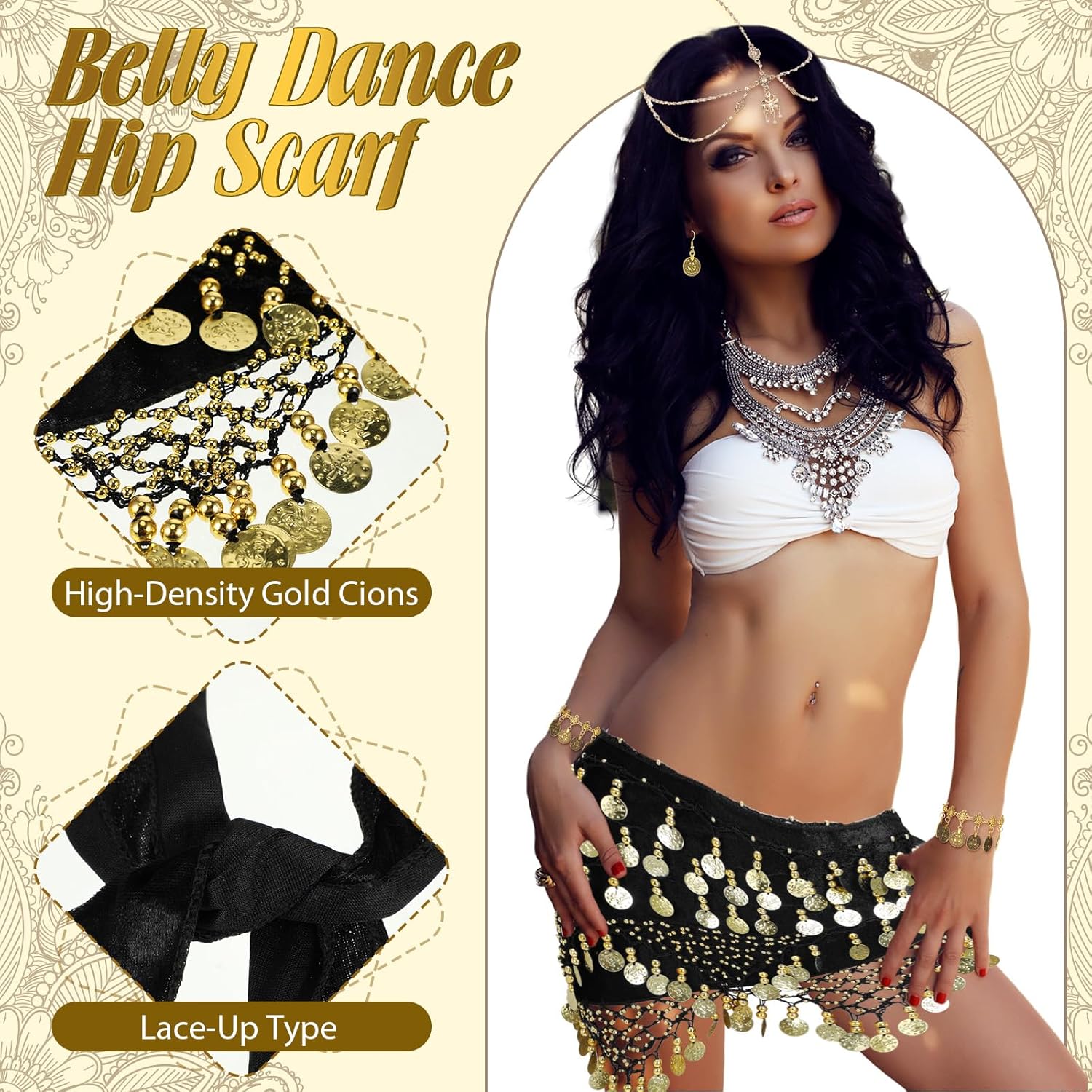 Sasylvia 5 Sets Women's Belly Dance Jewelry Set Belly Dance Hip Scarf Wrap Belt Head Chain Necklace Earrings Tassel Bracelets