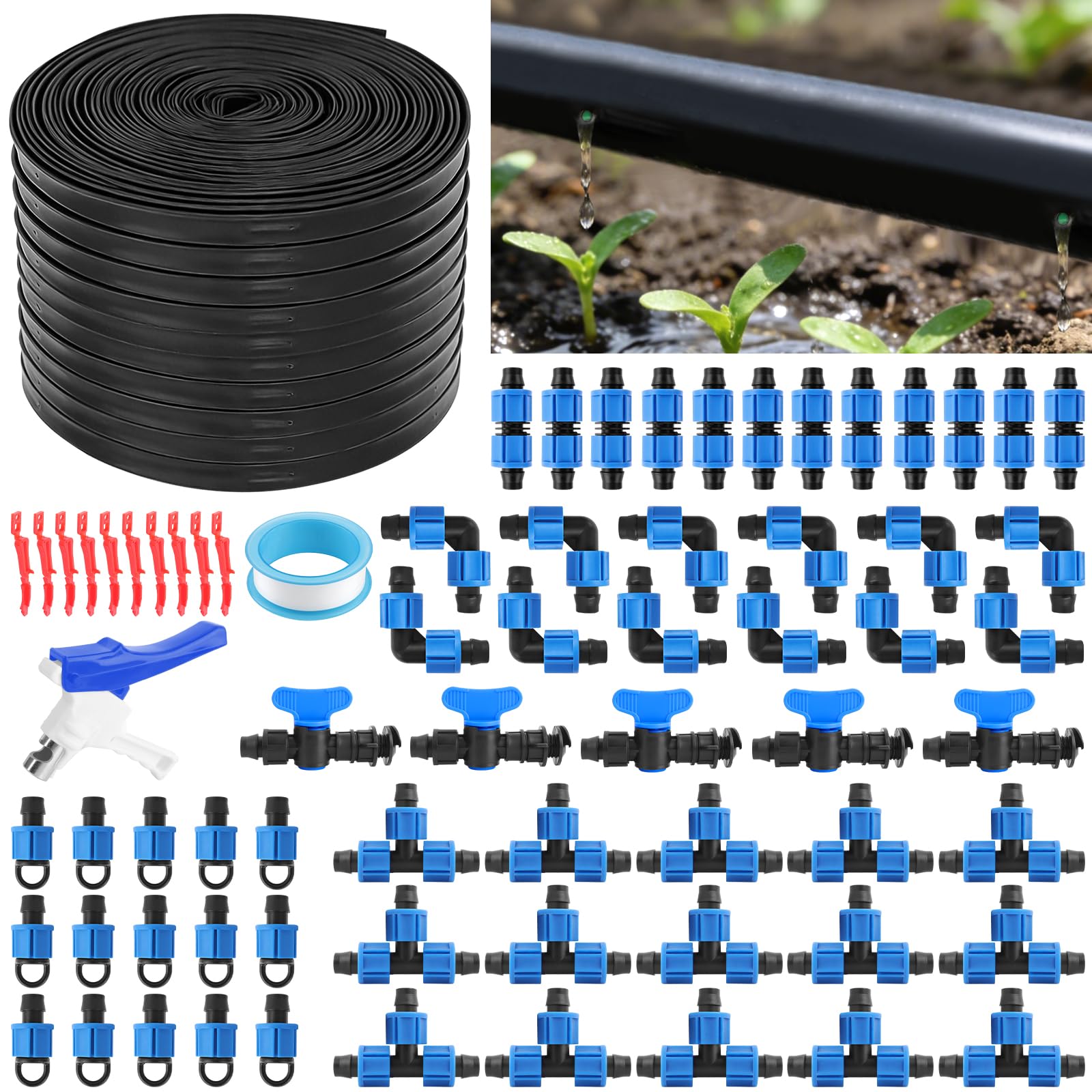 150M 5/8" Nastro Irrigazione a Goccia Kit, TOROKOM Nastro Irrigatore Spazio Fori 6", Componenti Sistema di Irrigazione per Giardino, Fattoria, Prato e Serra