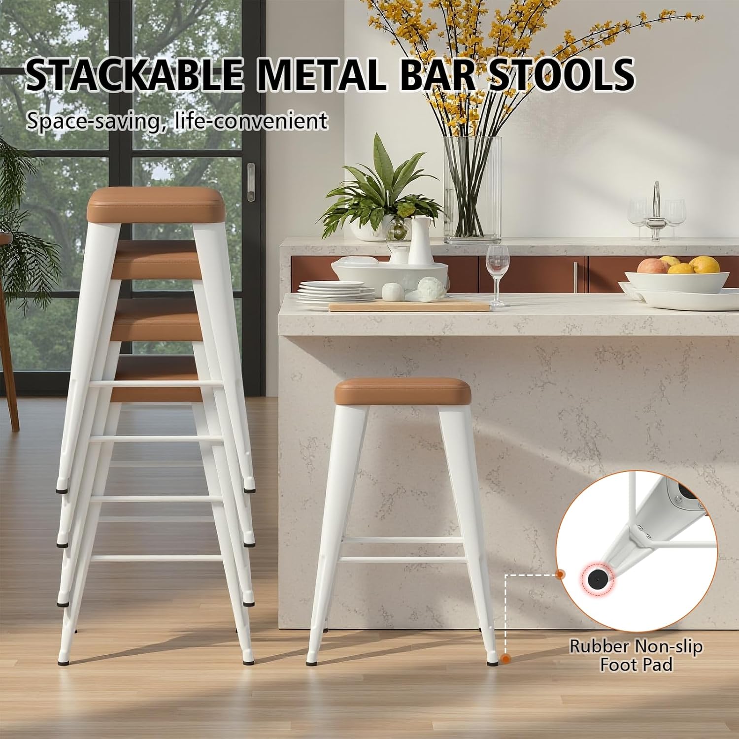 Backless Bar Stools Set of 4, Upholstered Faux Leather Counter Height Stools with Sturdy Metal Legs, 24 Inch Barstools for Kitchen Island (Brown)