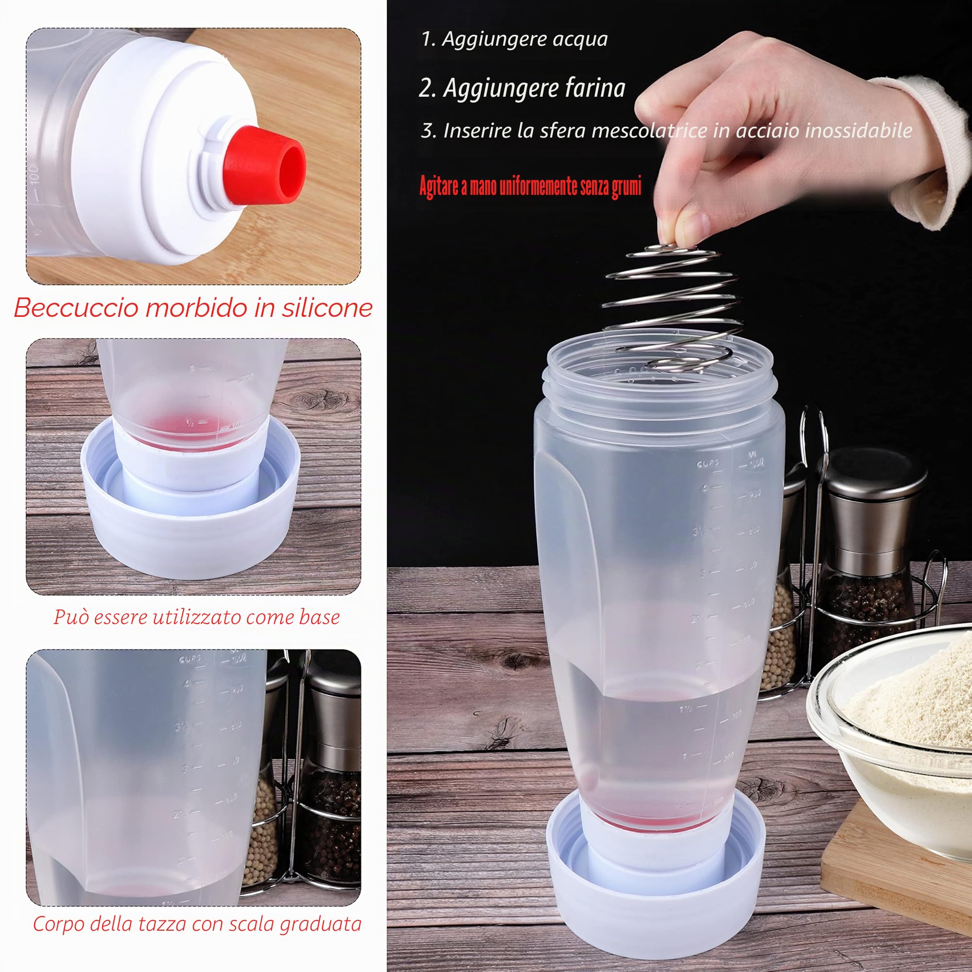 YiliYa Dosatore per Impasti, 1000ml Pancake Pancake Dispenser Dosatore con Sfera di Miscelazione Strumento per Pancake Waffle Crêpe Bottiglie di Salsa