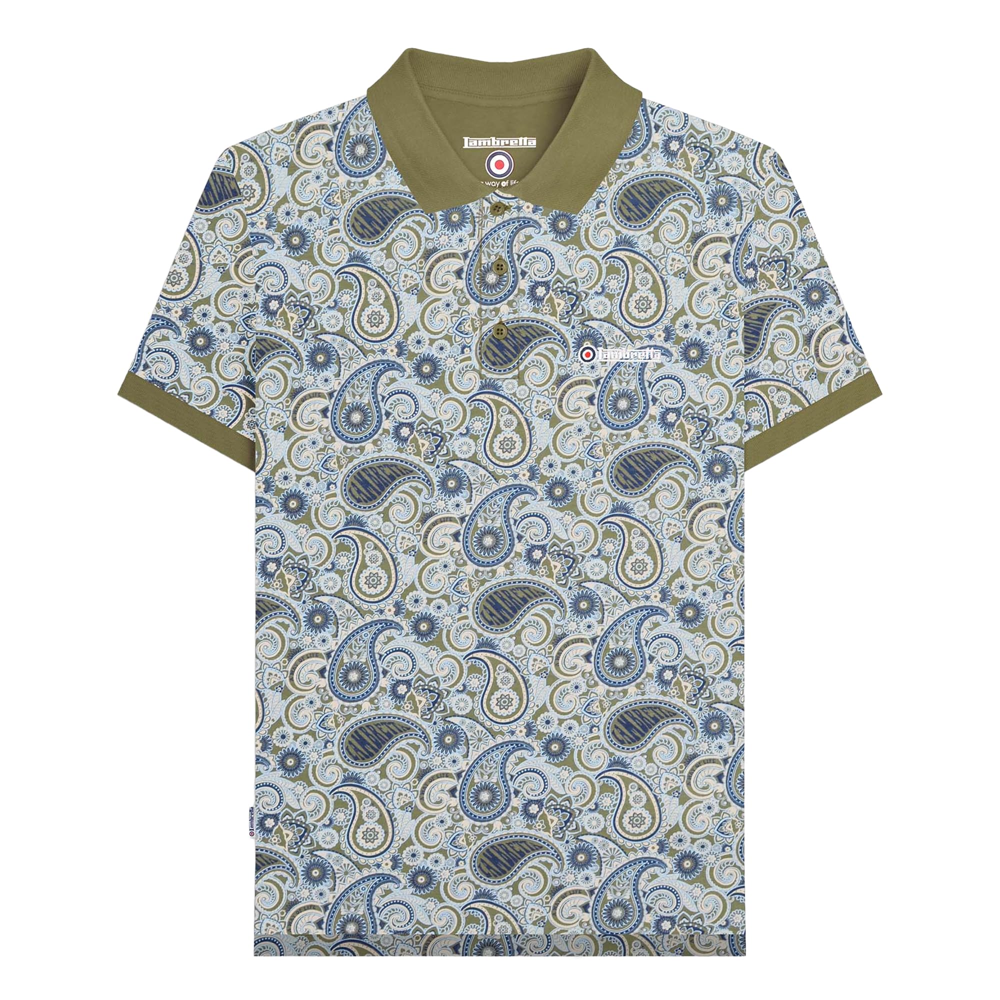 Lambretta Men's Khaki Green/Navy Ss25 Paisley Branded Big & Tall Polo Shirt (3Xl) ()
