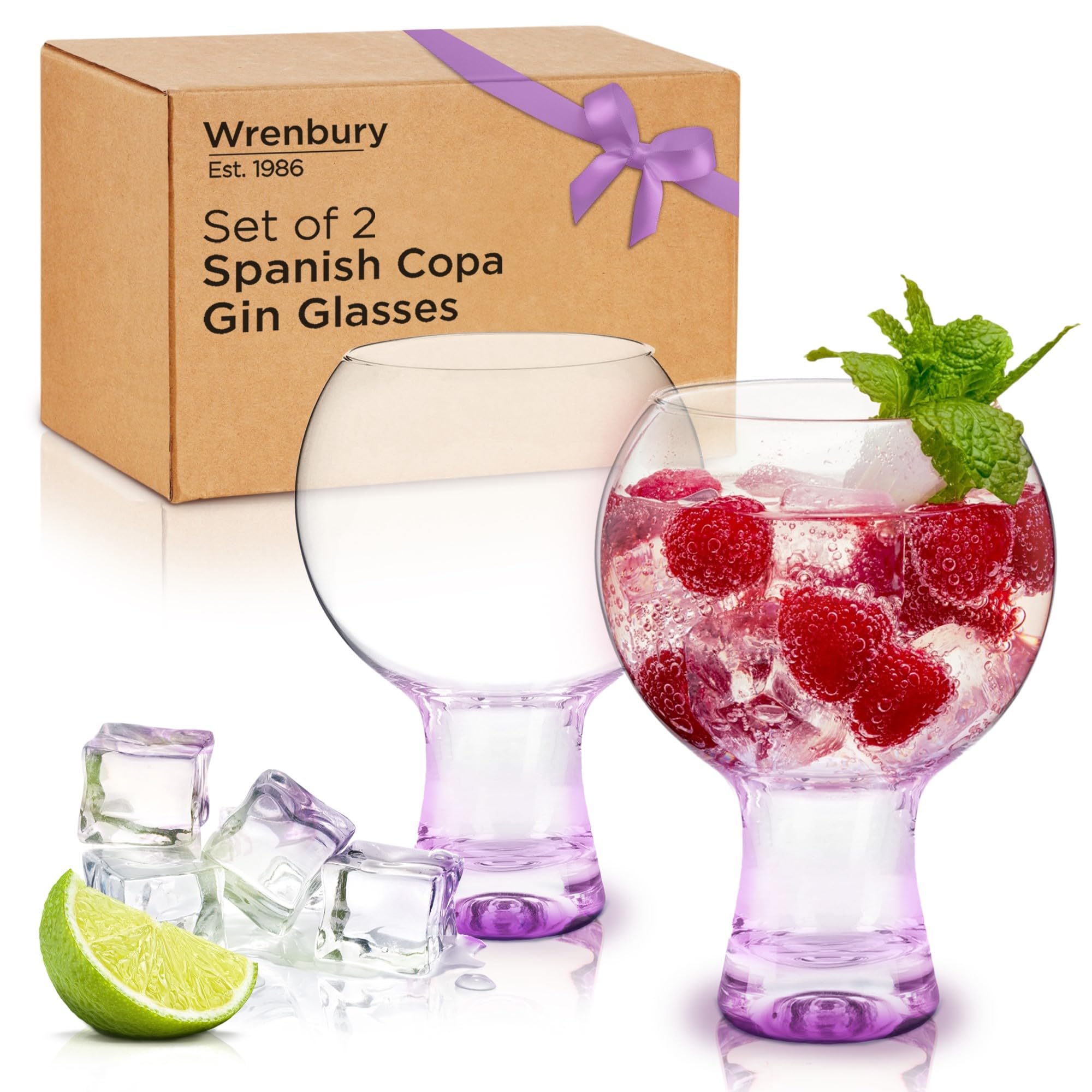 Wrenbury Copa Gin and Tonic Glasses Set of 2 Hand Painted 19 oz - Gin Balloon Glasses - Mouthblown Cocktail Glass with Heavy Base Large Capacity - Gin Goblets for Gin Lovers - Violet Gin Tint