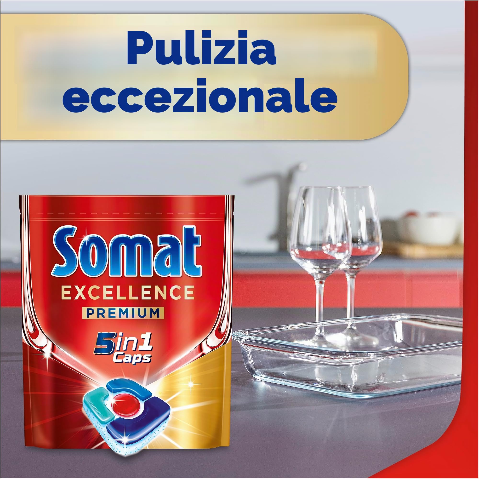 Somat Excellence Premium 5 in 1 Caps (67 Caps), pastiglie per lavastoviglie ad alta risoluzione con extra Boost, i tappi Somat rimuovono anche i residui di cibo secchi e ostinati