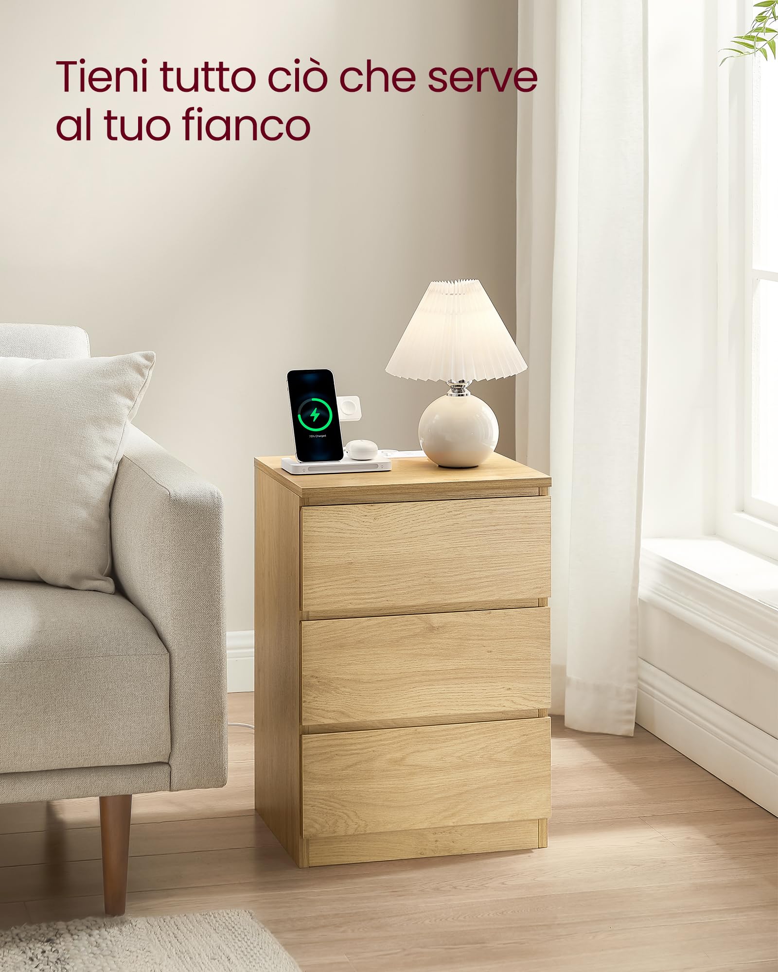 VASAGLE KAILYN Collezione - Comodino con Stazione di Ricarica, con 3 Cassetti, 2 Prese AC 2 Porte USB, per Soggiorno, Camera da Letto, Studio, Giallo Paglierino LET631Y70