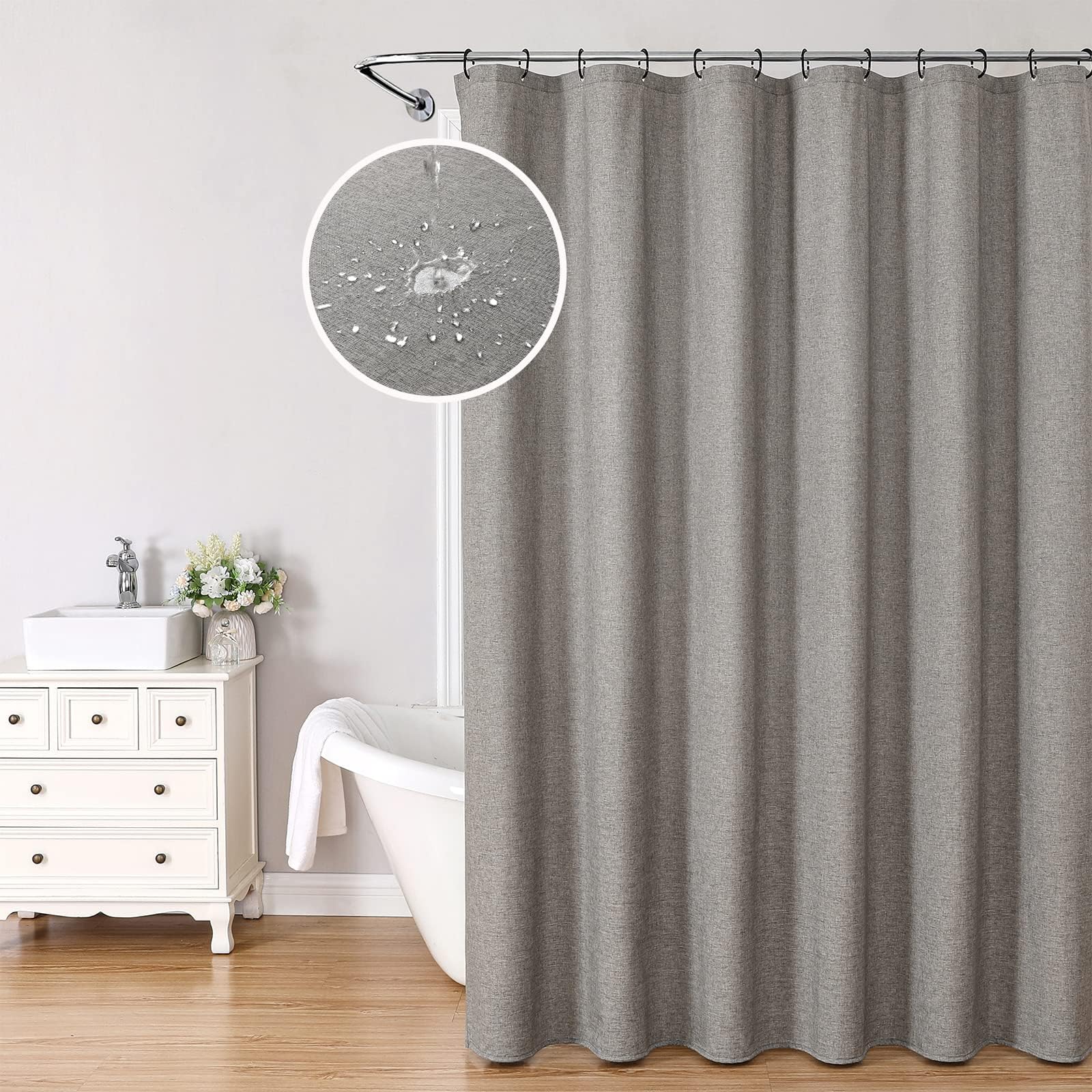 Krismile Grey Shower Curtain Mould Proof Washable Quick Dry, Linen