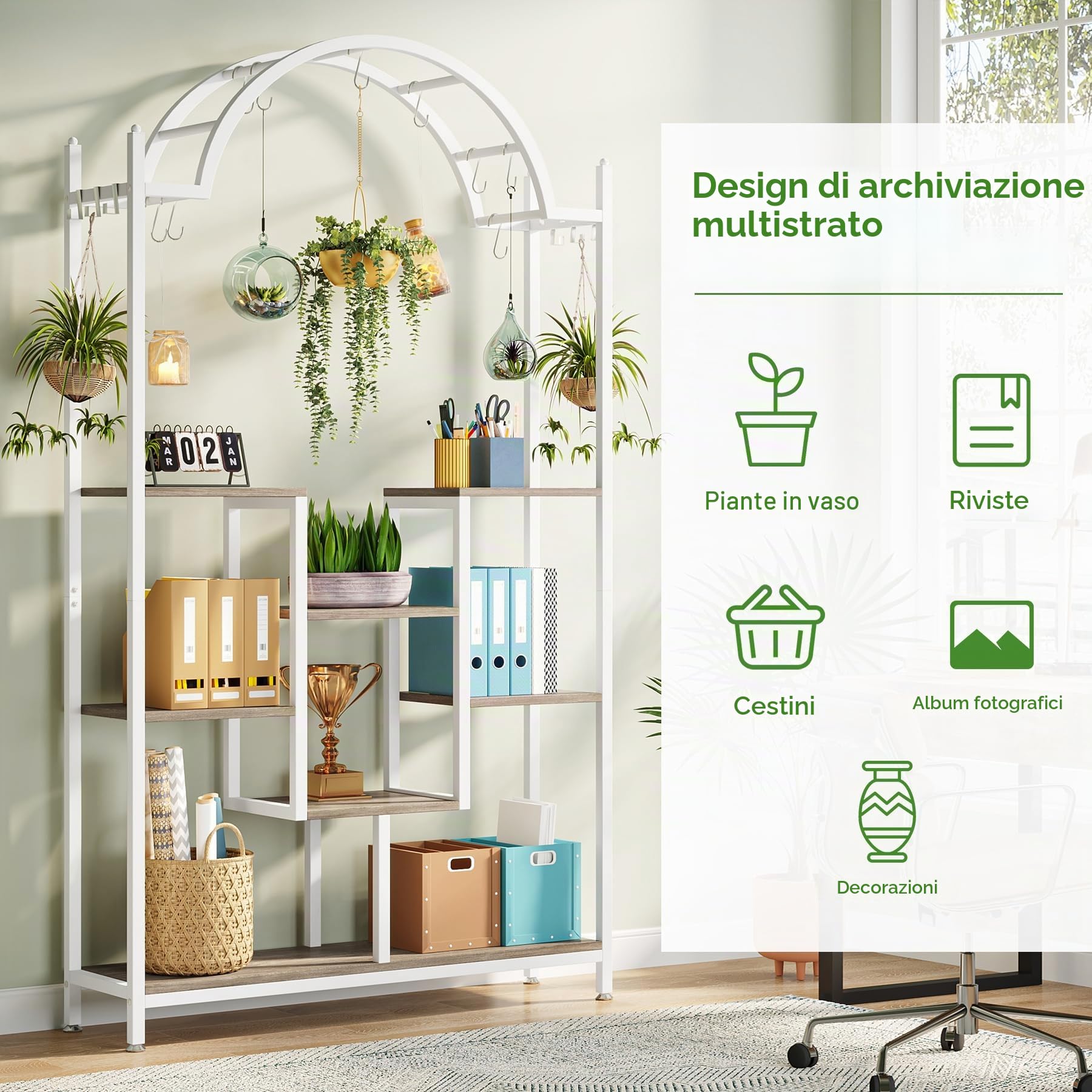 Tribesigns Supporto per Piante da Interno a 5 Livelli, 190 cm, Scaffale in Metallo con 8 Ganci a S, Grande Espositore per Interni, Balcone, Bianco e Grigio