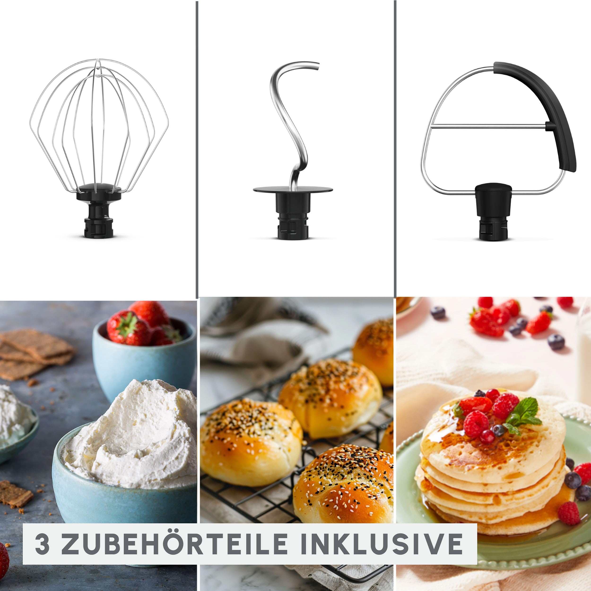 Tefal Bake Easy, Küchenmaschine, kompakt, einfache Bedienung, 12 Geschwindigkeiten, Pulsfunktion, 3,5-Liter-Schüssel, inkl. Schneebesen, Rührbesen, Knethaken, 500 Watt, Weiß, QB140AF0