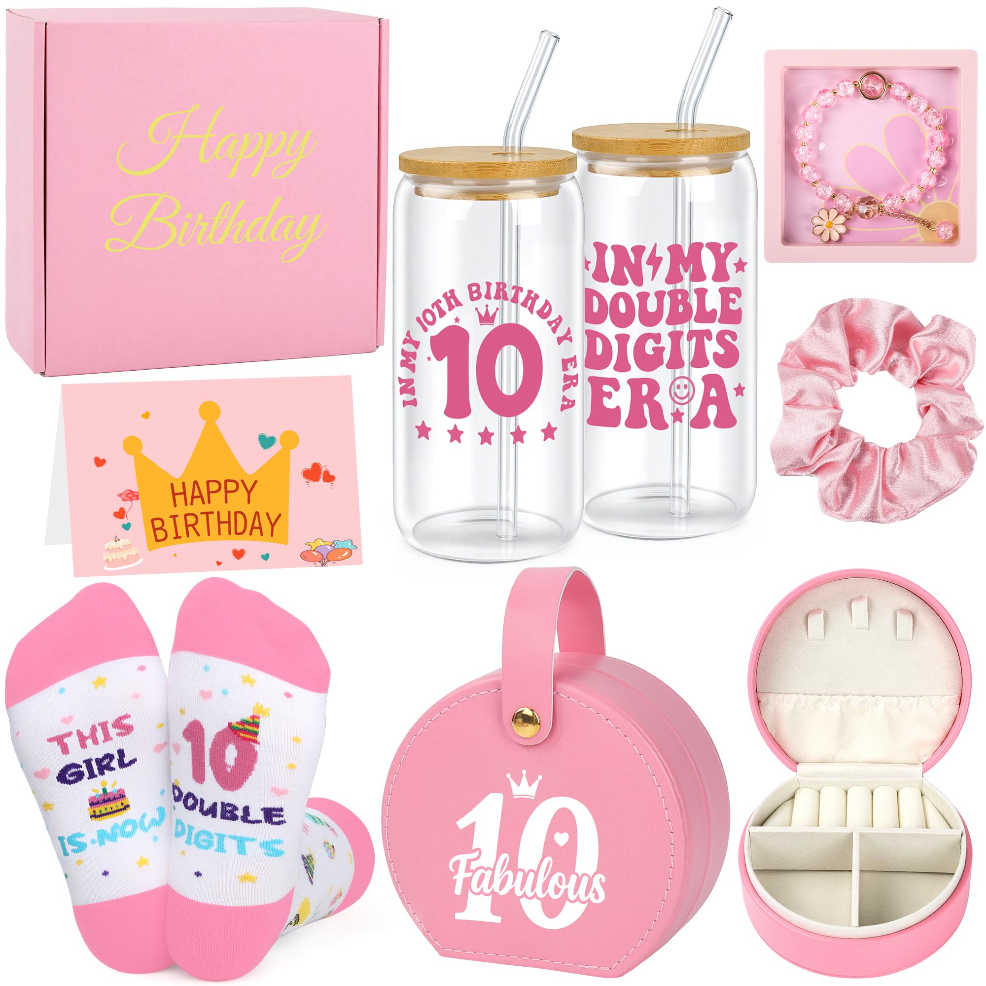 Sektasu 10th Birthday Gifts for Girls, Gifts for 10 Year Old Girls, Double Digits Gift Set with Tumbler, Bracelet, Socks & Jewellery Box, Pink Birthday Presents for Daughter Niece Granddaughter