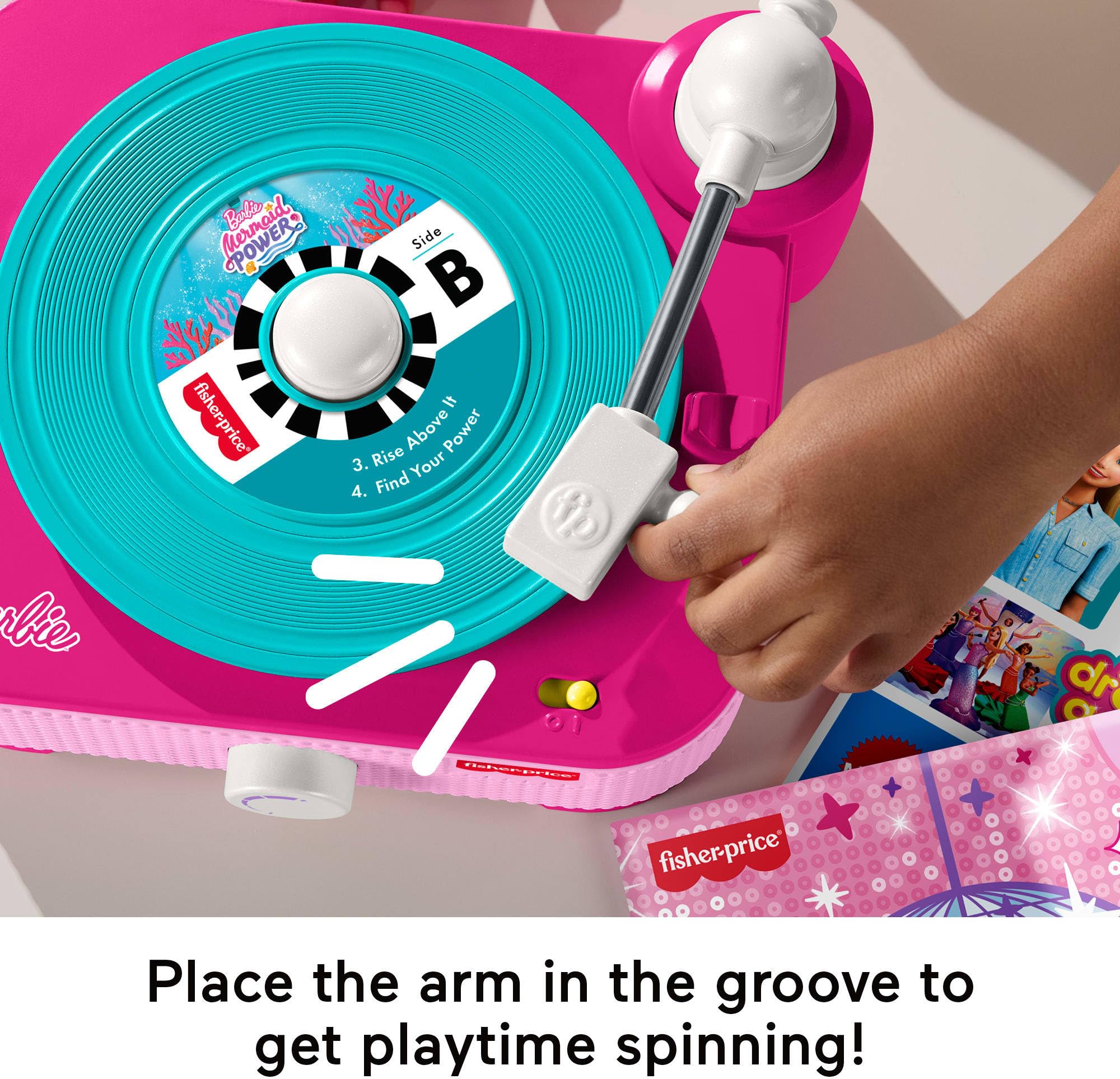 Fisher-Price Jouet musical Barbie tourne-disque avec 5 disques et support de présentation pour jeu de simulation préscolaire pour enfants à partir de 3 ans