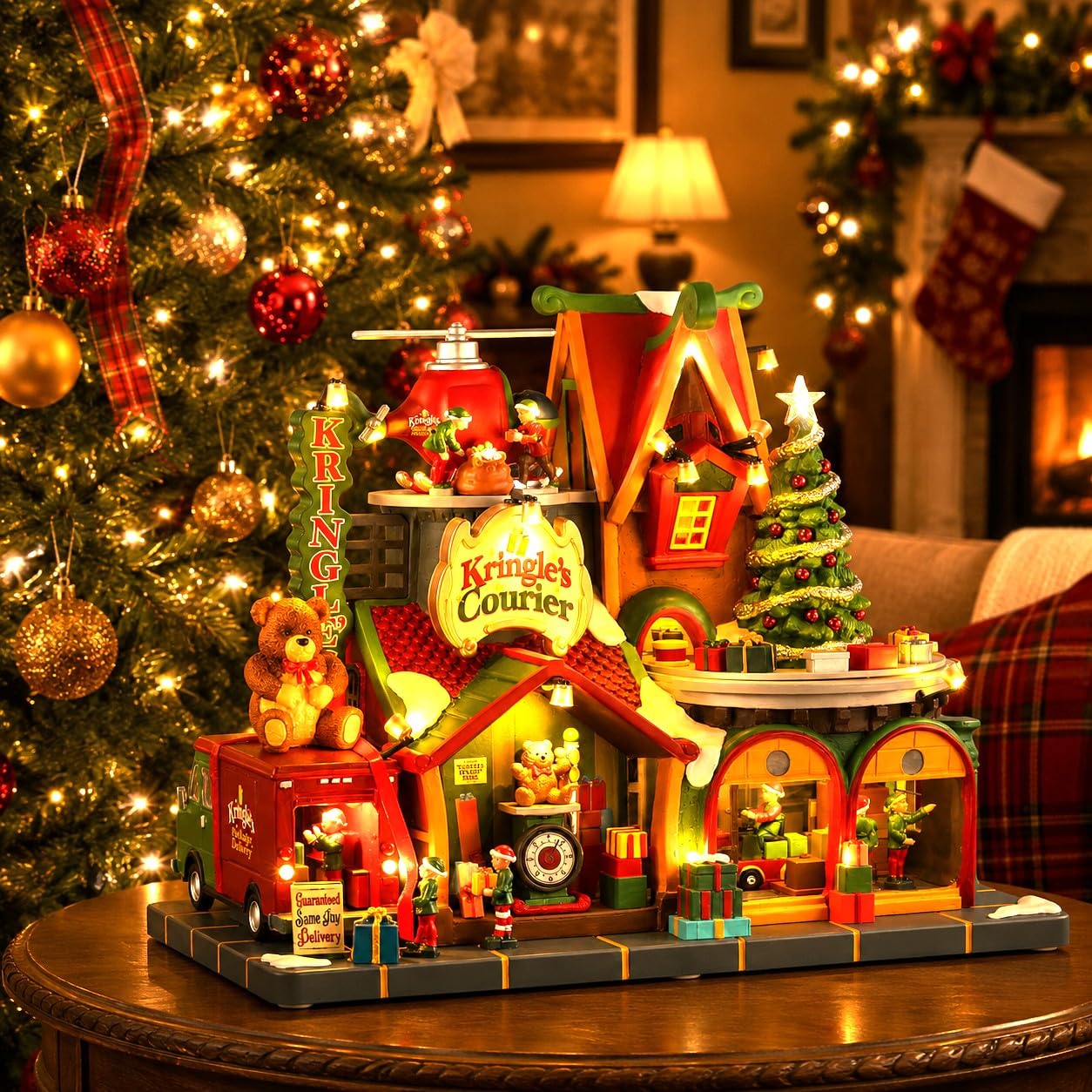 LEMAX Edificio Corrieri elfici Illuminato e Musicale Kringle's Courier in Resina H22,3x28x15 cm