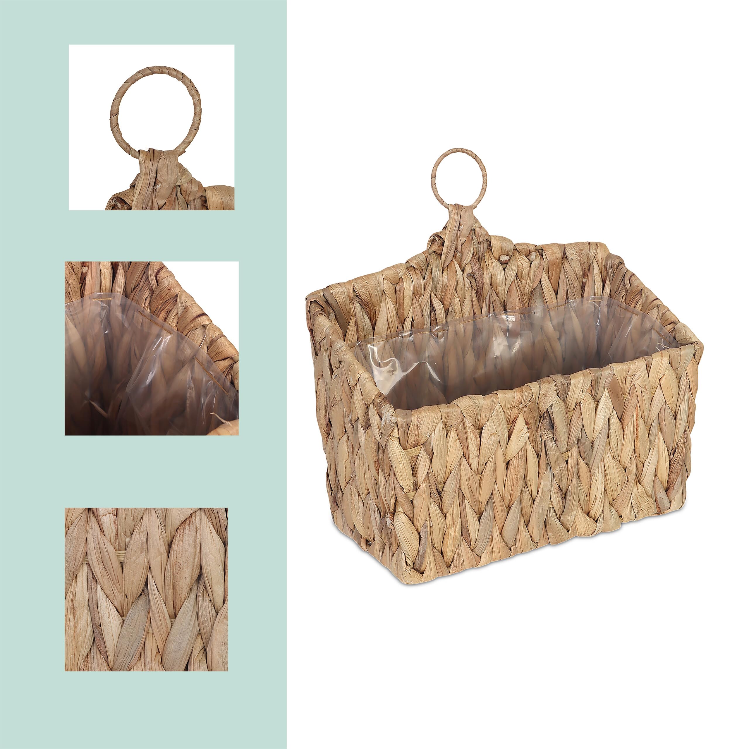 Relaxdays Maceta Colgante de Agua, Hierbas, Plantas, HBT 29 x 28 x 15 cm, Cesta Trenzada, Forro, Anillo, Natural, Fibra Vegetal, Hierro, Plástico
