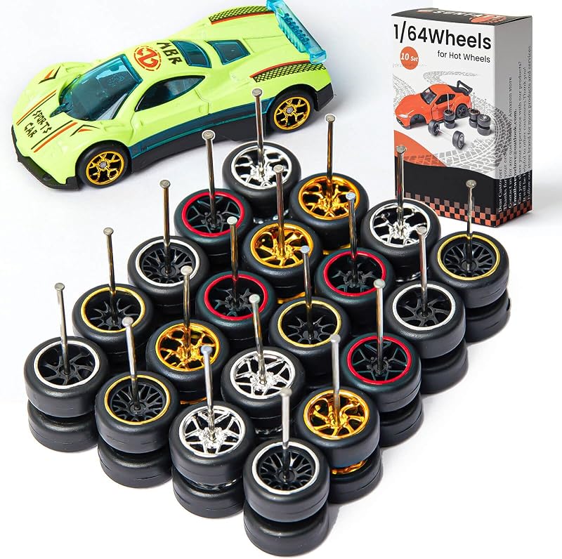 Kit de ruedas y neumáticos a escala 1/64, ruedas 1/64 para HotWheels, (10 juegos) | Neumáticos de goma para llantas para 10 autos, ejes fáciles de instalar, adecuados para HotWheels básicos y Matchbox