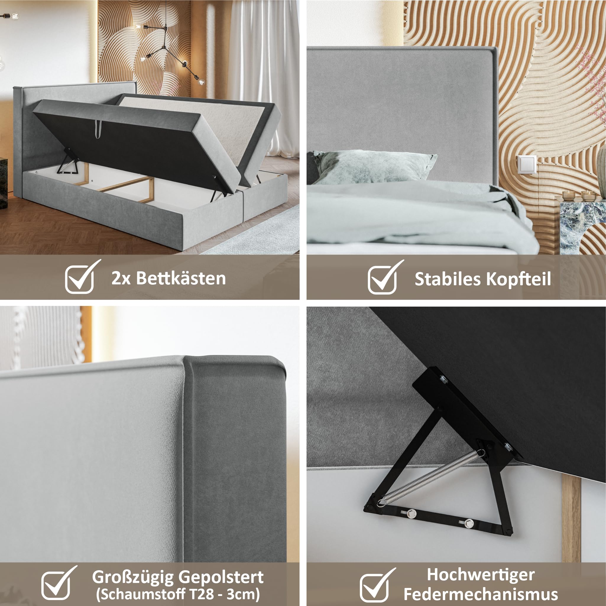 MOTIVENA Bari Boxspringbett 180x200 Beige Boucle, mit Taschenfederkern-Matratze (H3), mit Visco Memory-Foam Topper (H2), Boxspringbett 180x200 mit Bettkasten Beige