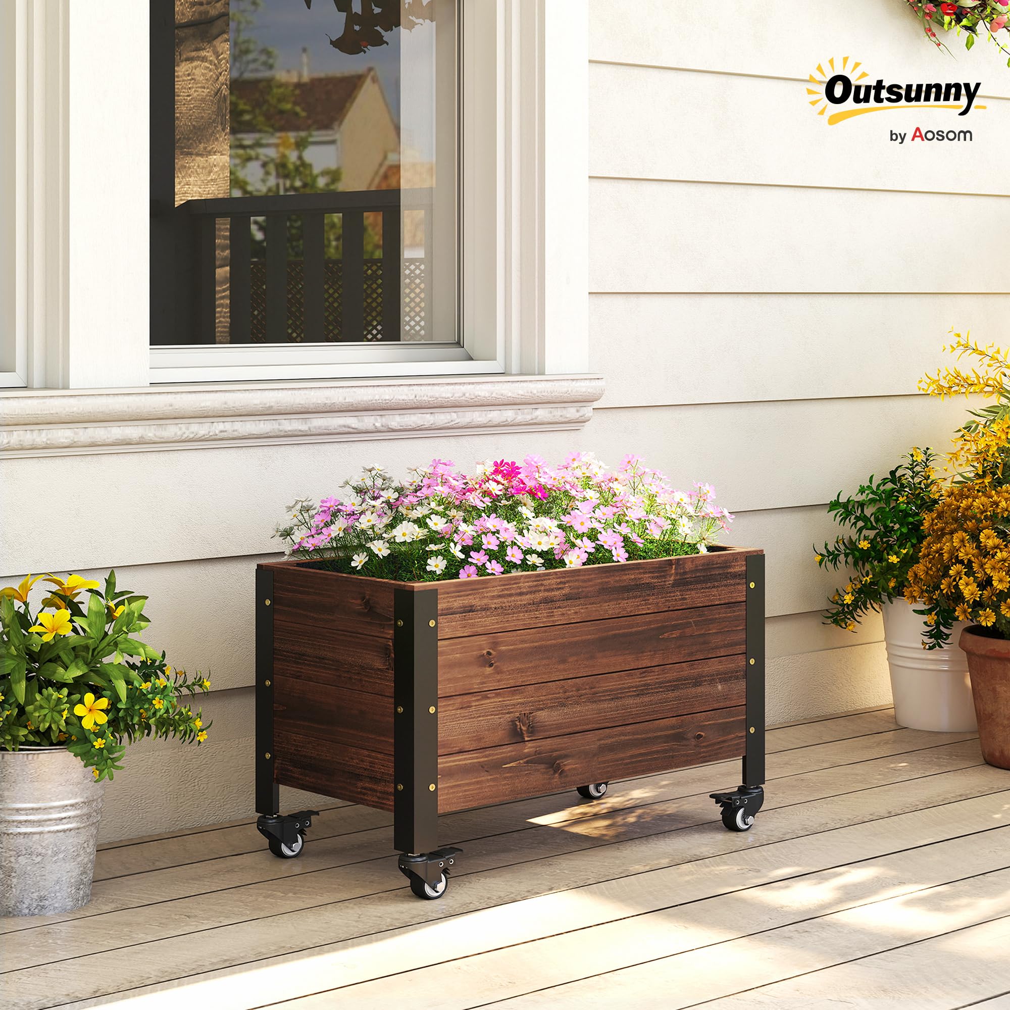 Outsunny Jardinière surélevée en Bois avec Roues, carré Potager de Jardin rectangulaire, Pot de Fleurs extérieur pour Herbes aromatiques et légumes, 60 x 30 x 41 cm, Marron