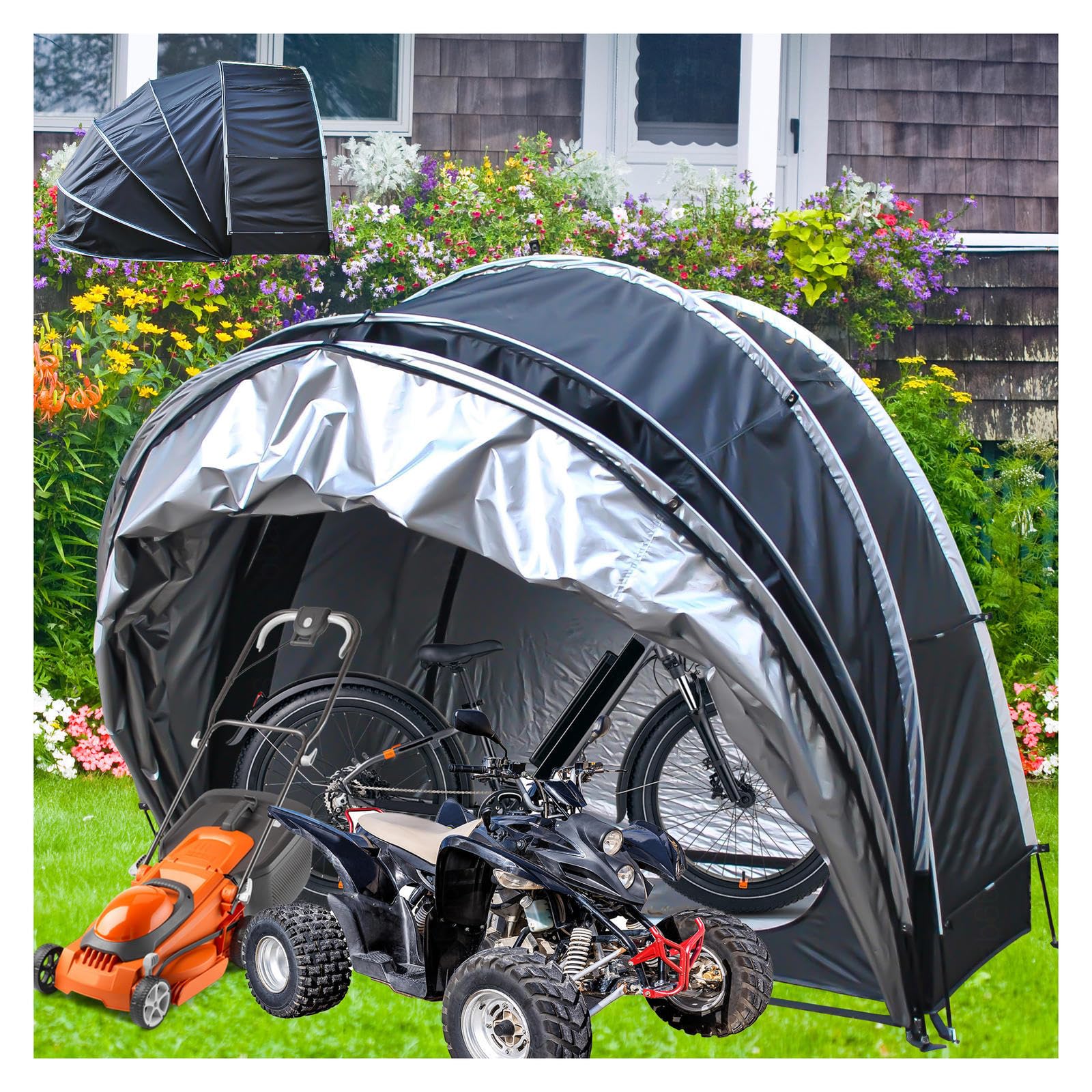 Garage Moto Appeso 2 in 1 Box Biciclette con Doppie Porte per 2-5 Biciclette Casetta Attrezzi Box Biciclette da Esterno,Black