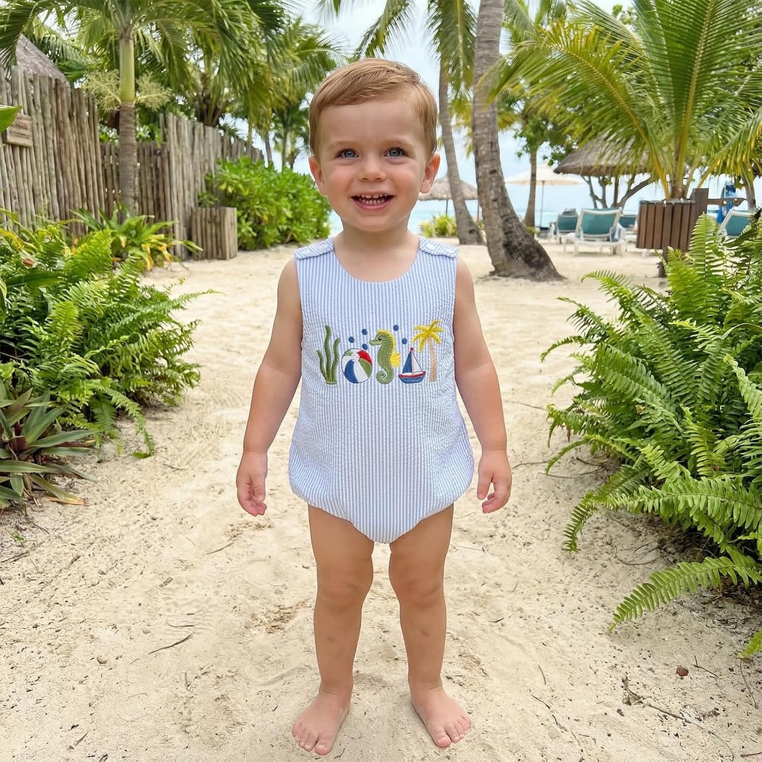 Baby Boy Summer Clothes Newborn Beach Outfit Ocean Animals Smocked Bubble Romper Sea Life Overall Bodysuit