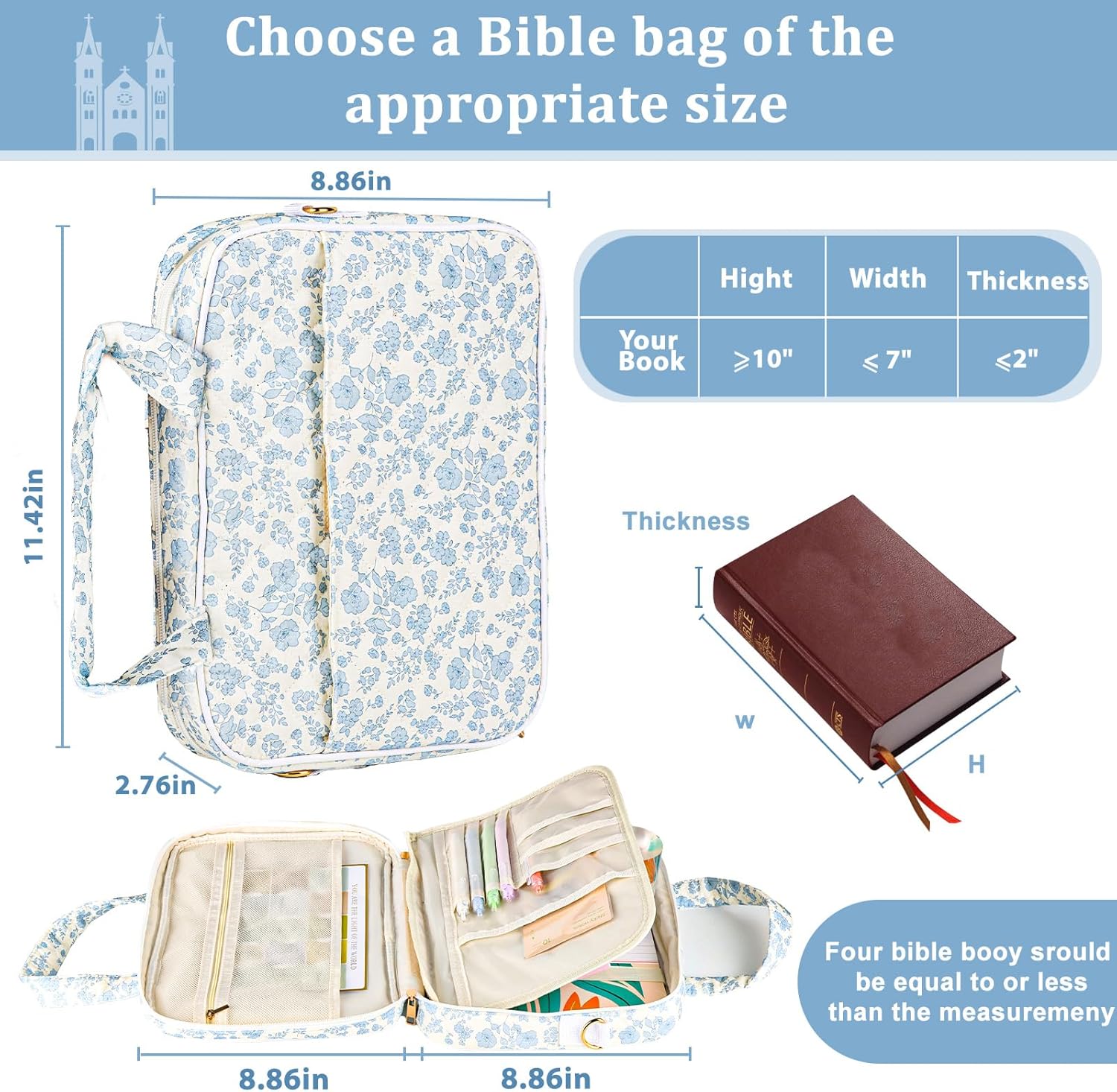 Personalized Chenille Letter Bible Cover, Large Bible Case for Girls, Stylish Christian Gift, Bible Study Supplies Bag, Initial Bible Cover Case for Women, Christmas Gifts for Women (Blue Flower, K)