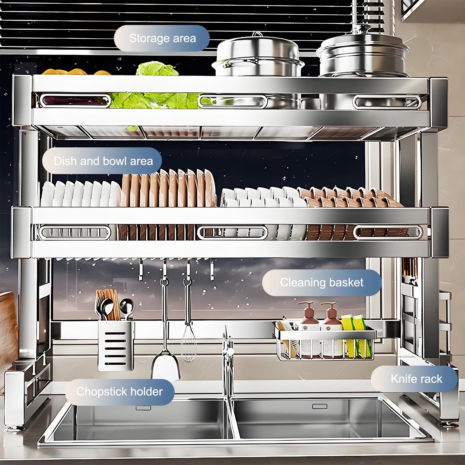 Escurridor de platos – Estante de almacenamiento de metal sobre el fregadero para platos, vasos, cuencos y cubiertos – Organizador de encimera que ahorra espacio – 26 pulgadas
