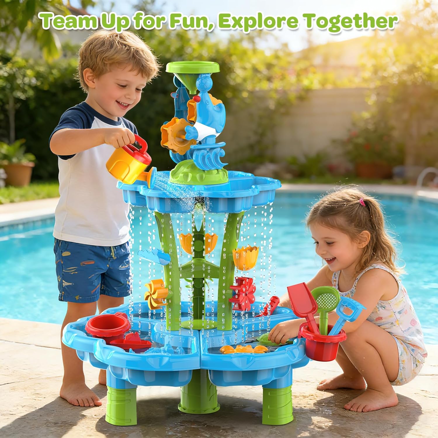 3-Tier Kids Toddlers Water Sand Table - Multifunctional Summer Outdoor Toys with Stable Design,Sensory Learning Backyard Poolside Beach Activity Playset Gift for Boys Girls(Azure)