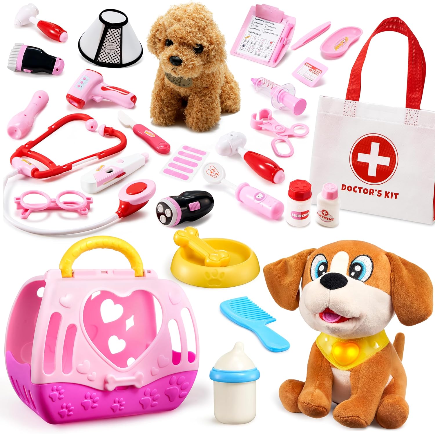 SYNCFUN Doctor Kit and JOYIN Plush Dog Toys for Kids, 22 PCS Veterinarian Playset for Kids, Vet Kit with Dog Toy, Interactive Puppy Toy with Button, Lights & Sounds, Pet Care Set with Carrier