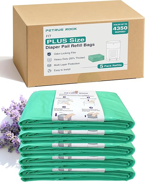 5 Pack Diaper Pail Refill Bags Compatible with Dekor Plus Diaper Pail, 50% Extra Long Refill, Holds Up to 4350 Diapers, Durable & Odor Locking, Fresh Lavender Scent - 1