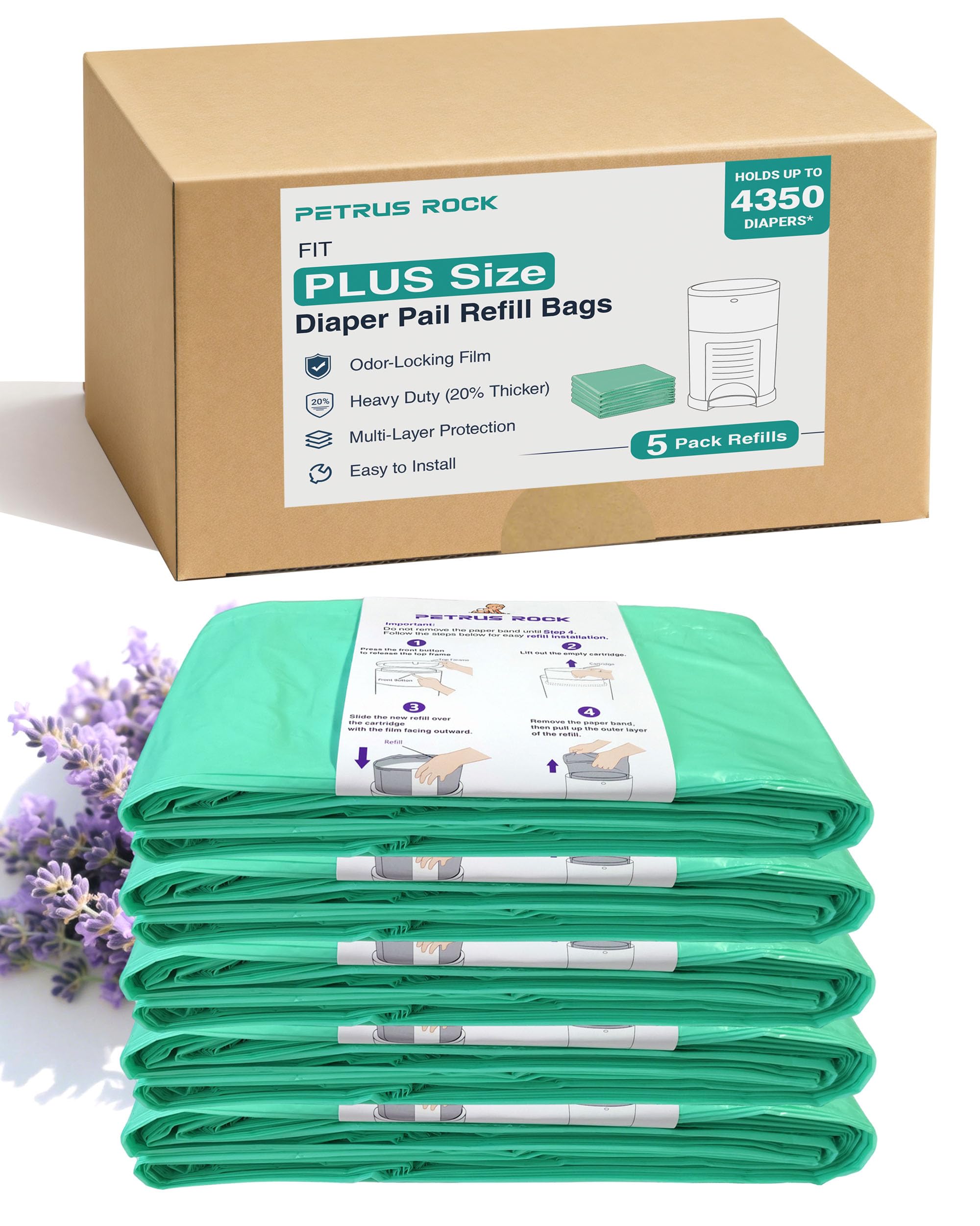 5 Pack Diaper Pail Refill Bags Compatible with Dekor Plus Diaper Pail, 50% Extra Long Refill, Holds Up to 4350 Diapers, Durable & Odor Locking, Fresh Lavender Scent - 2