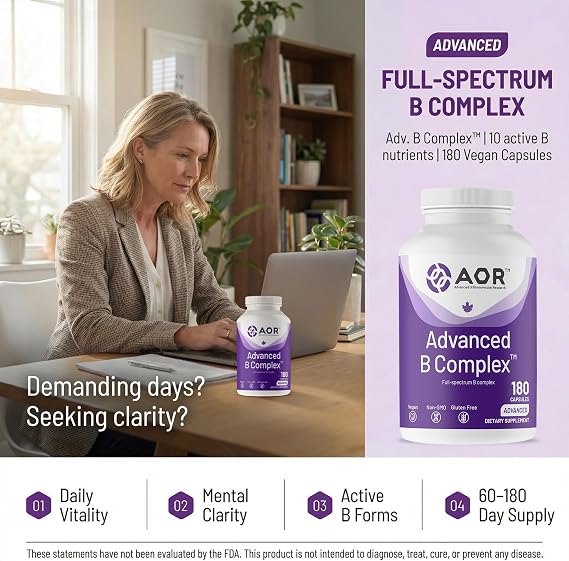 AOR Advanced B Complex 180 Vegetarian Capsules, 60-180 Day Supply, Full-Spectrum Vitamin B for Sustained Daily Vitality & Clarity