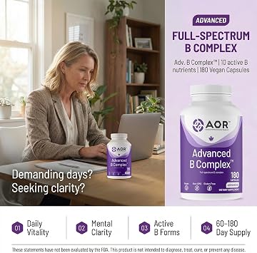 AOR Advanced B Complex 180 Vegetarian Capsules, 60-180 Day Supply, Full-Spectrum Vitamin B for Sustained Daily Vitality & Clarity