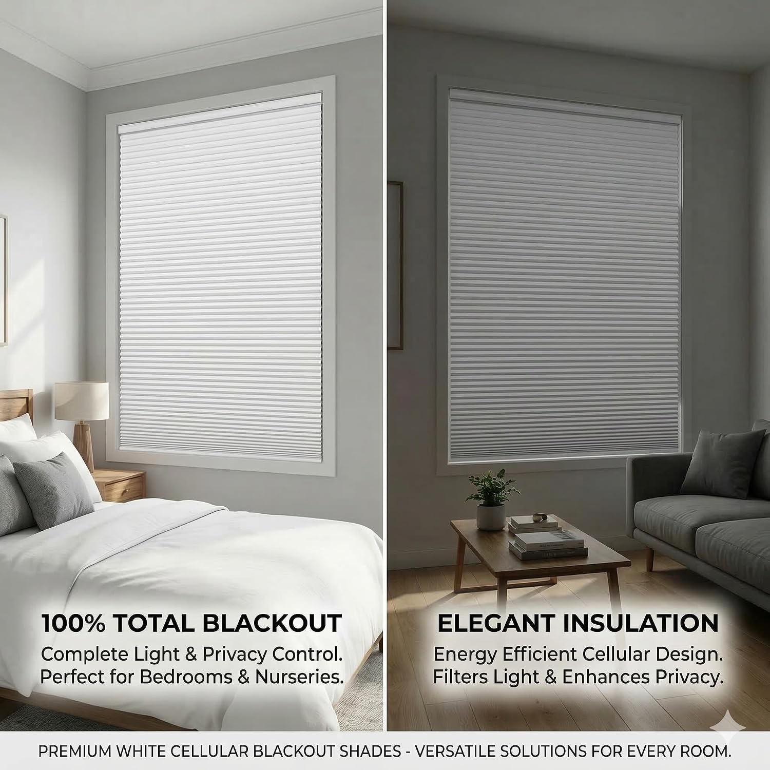 Cordless Blackout Cellular Shades, Extra Wide Honeycomb Blinds for Large Windows, Thermal Insulated & Noise Reduction, Total Privacy Window Coverings for Home and Office - White, 73" W x 103" H
