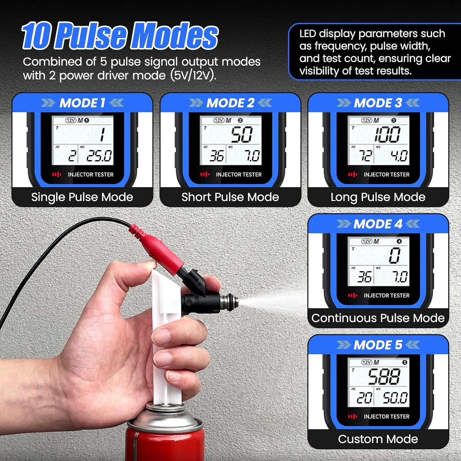 OBDRESOURCE Automotive Car Fuel Injector Tester and Adapter Kit,12V Vehicle Fuel System Diagnostic Tool with LED Display,10 Pulse Modes Injector Tester,12V/5V DC Output Power