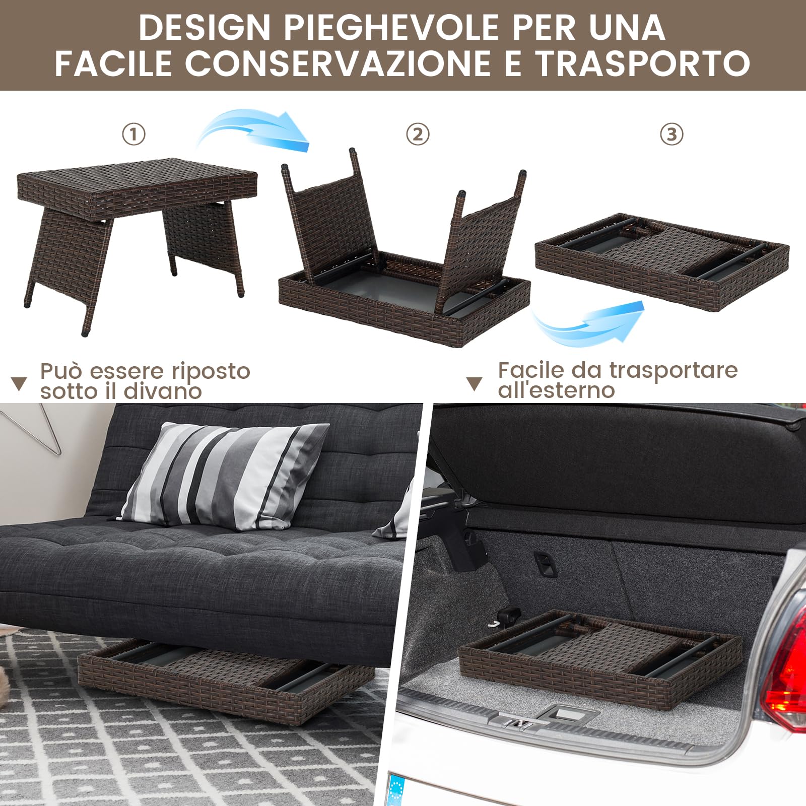 GYMAX Tavolino da Esterno in Rattan, Tavolino Basso e Pieghevole, Tavolino da Caffè Richiudibile, Moderno e Elegante, Ideale per Balcone, Giardino e Cortile, 60 x 40 x 40 cm, Marrone