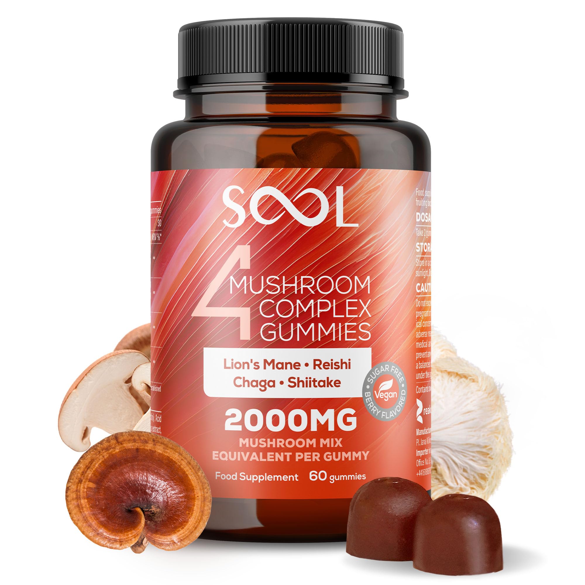 SOOL 4 Mushroom Complex Gummies 2000mg, 60pcs, Berry Flavour: Chaga, Reishi, Shiitake, Lions Mane Supplement | Nootropics Gummies High Strength | Memory & Focus, Energy, Immunity Booster Supplement
