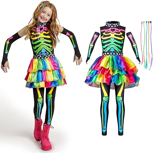 Spooktacular Creations Halloween Kids Skeleton Costume, Funky Punky Bone Skeleton Deluxe Costume, Halloween Girls Outfit