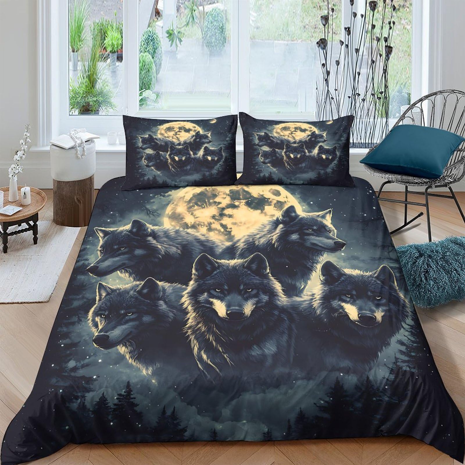 Ctjqhvkz Style-5 3D Printed Wolf Moon Fitted Sheet Microfiber Soft Dark Forest Bed Cover For Bedroom Guest Room Dorm Mattress Protection Single（135X200cm）