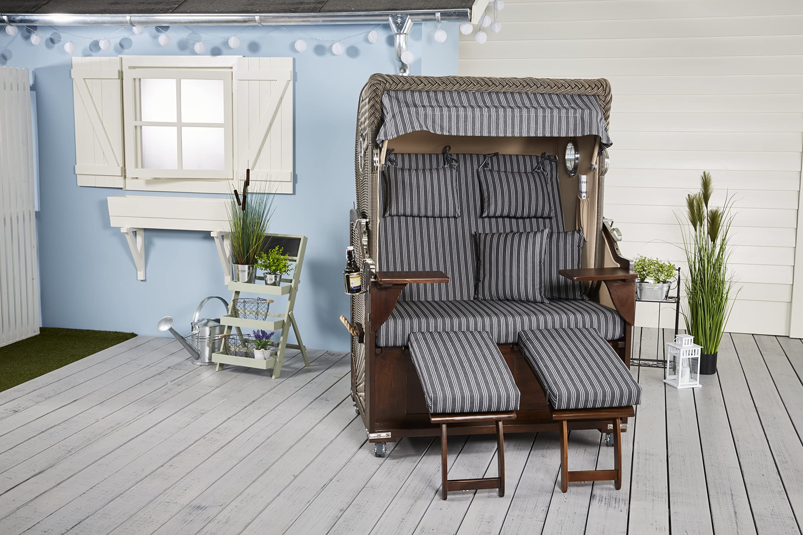 Premium Strandkorb Atlantik in Anthrazit | Vollieger aus Mahagoni | Luxus 2,5 Sitzer mit Bullauge | Garten Terrasse etc. | inkl. Schutzhülle
