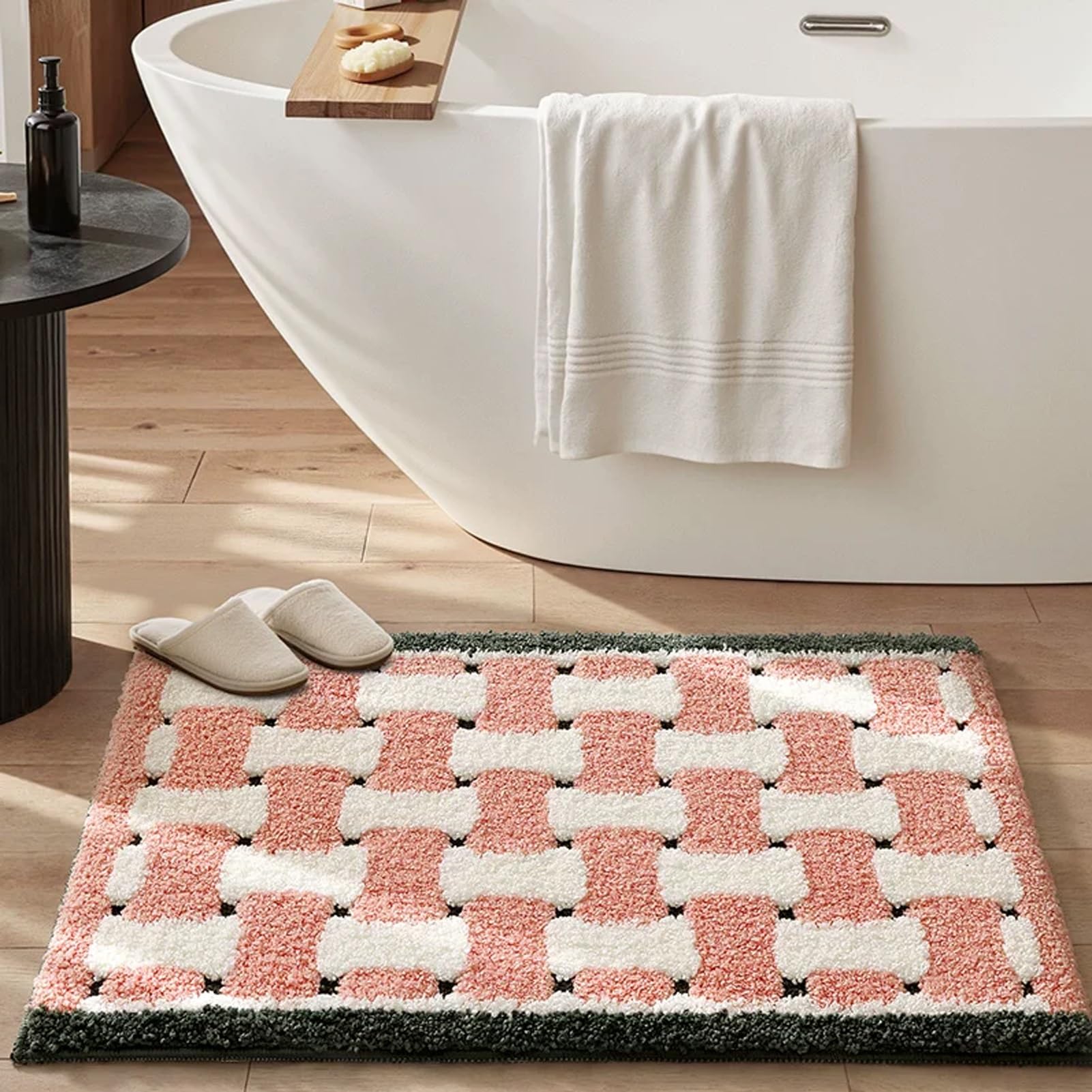 Bath Mat Pink White, Non-Slip Bathroom Rug, Super Absorbent Fluffy Bathmat, Shower Floor Mats for Bathtub Bath Rug Foot Mat(50x80cm(19.7x31.5inch))