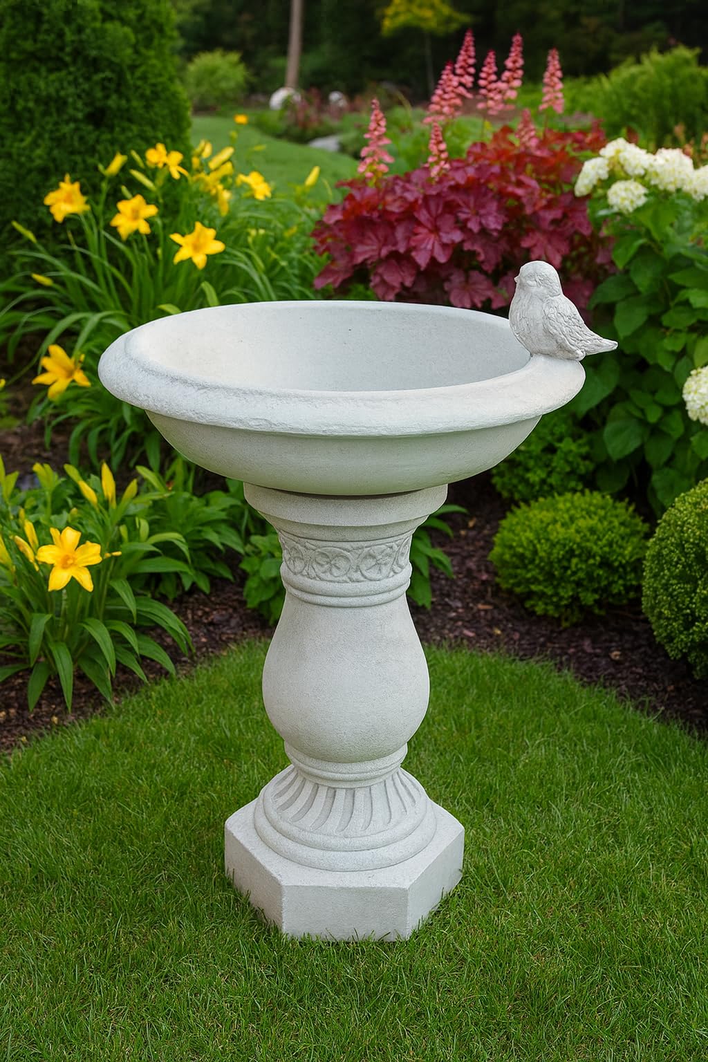 Ornement de Jardin en Pierre coulée - Bain d'oiseau Antique sur Colonne décorative