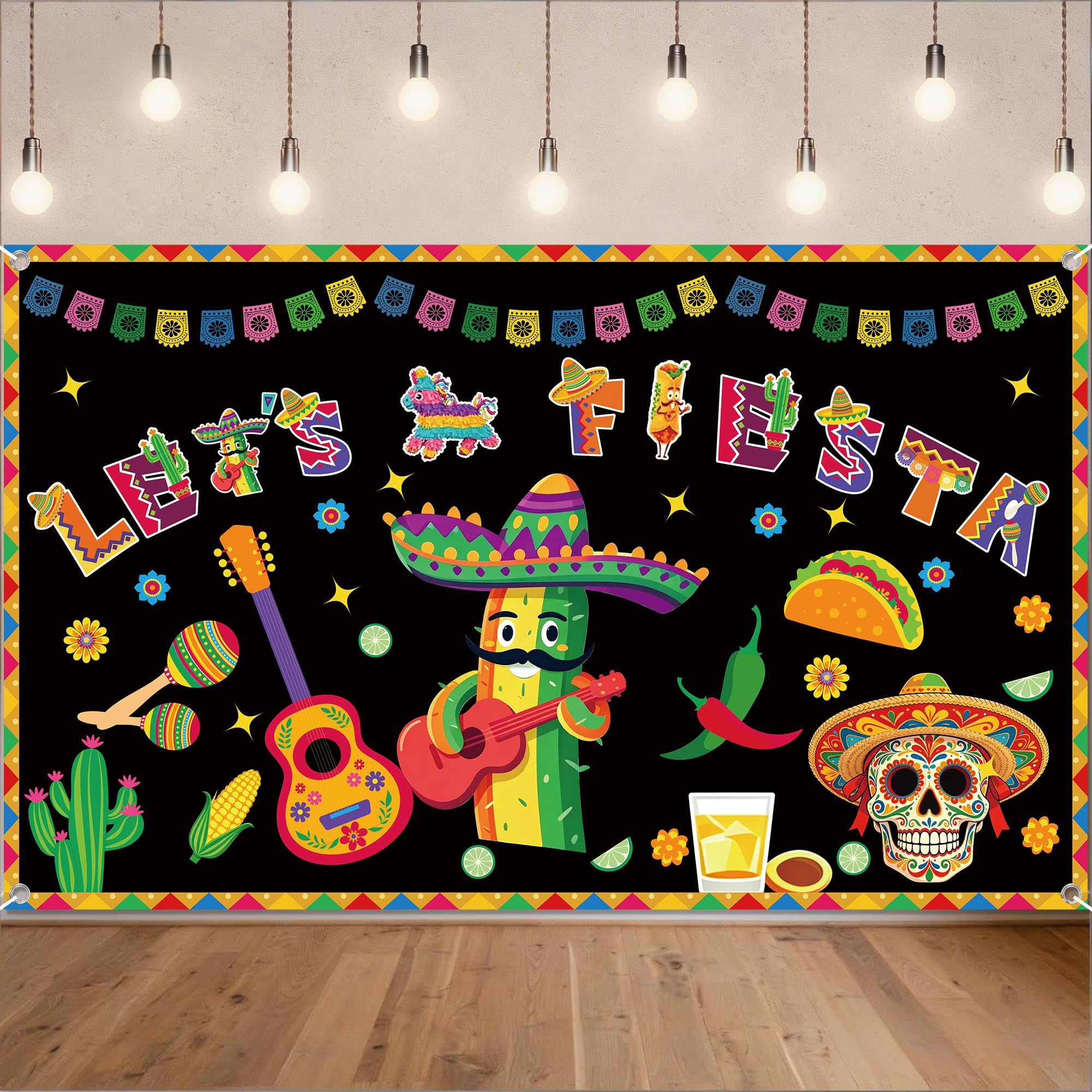 Mexican Fiesta Party Decorations Banner - Black 71 x 43 inch Let's Fiesta Banner Cinco de Mayo Theme Backdrop Cactus Mexican Hat Burrito Mexico Carnival Background for Mexican Fiesta Party Festival