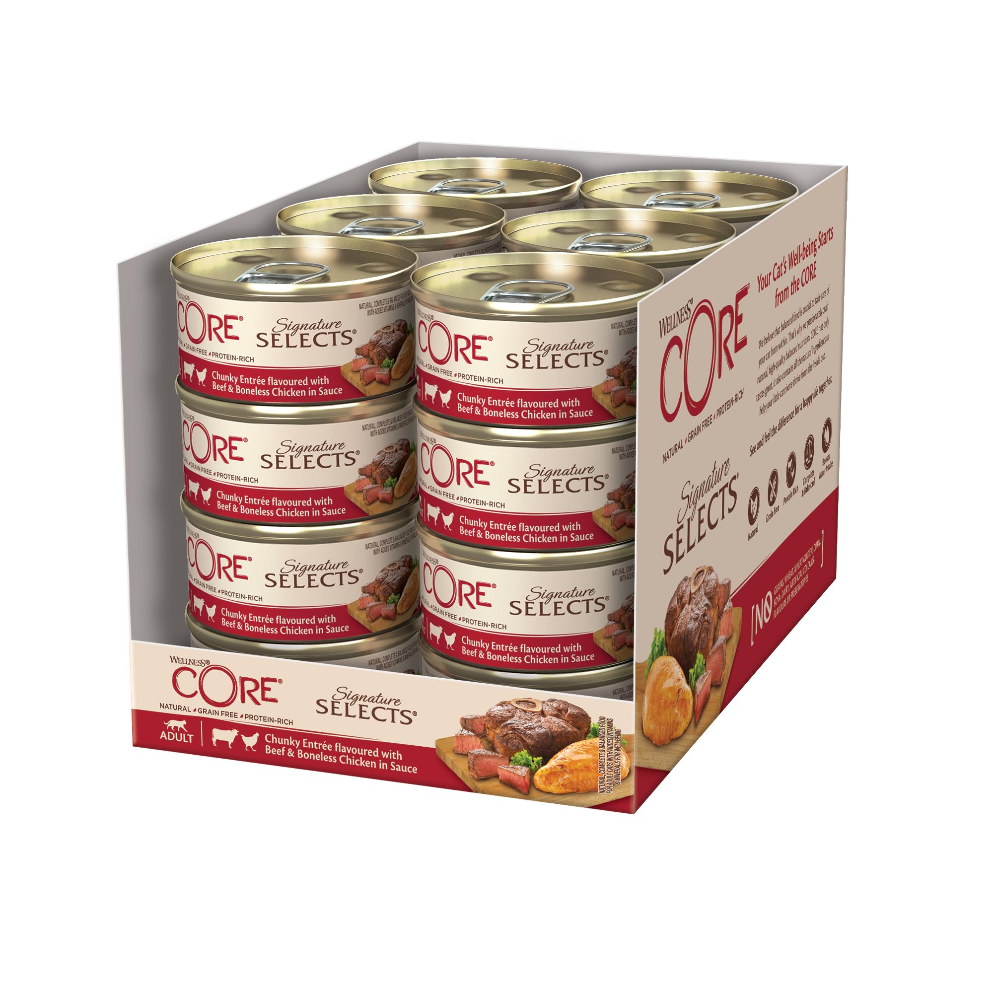Wellness CORE Signature Selects, 24 x 79g, Chunky Beef & Chicken, Wet Cat Food, Tender Chunks in Sauce, All-Natural, Grain-Free, High Meat Content, Protein-Rich, No Added Sugar