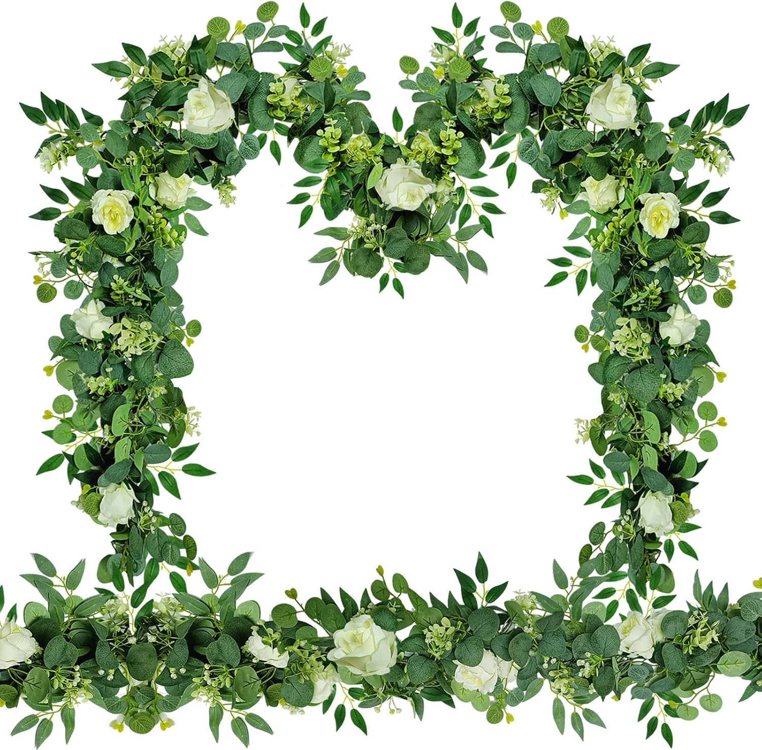4 Packs 5.9 Ft Artificial Eucalyptus Willow Leaves Garland with Flowers Artificial Greenery White-Flowered Vines Fake Eucalyptus Flower Garland for Wedding Decoration Table Home Stairs Decor